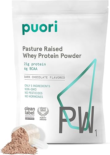 Puori Proteína de suero en polvo, chocolate oscuro, PW1 criada en pasto, proteína de suero en polvo alimentada con pasto, mezcla de bebida que