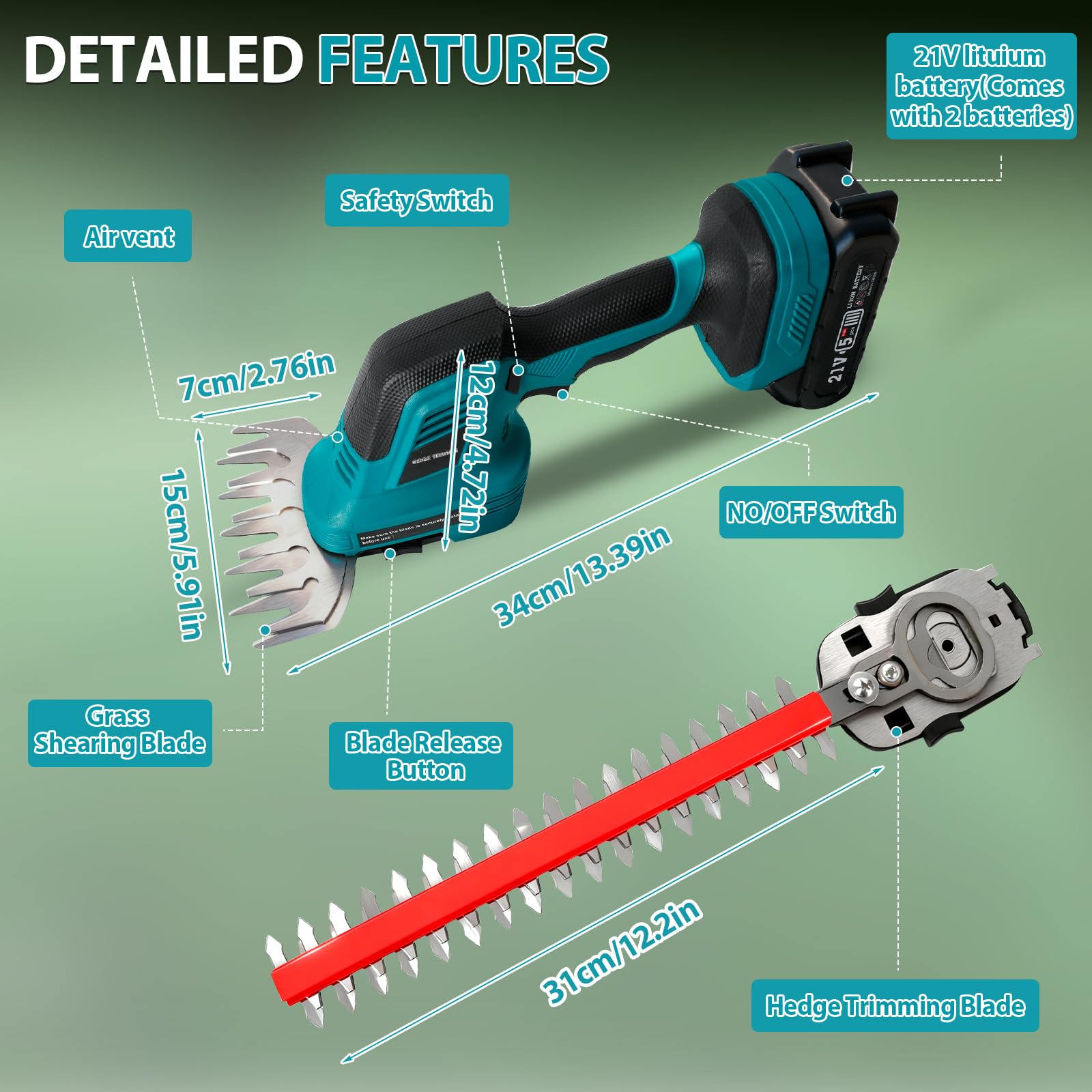 Cortasetos inalámbrico 2 en 1 con 2 baterías de 2000 mAh y Cargador, Cuchillas de 150 mm y 310 mm, Ideal para jardín y césped