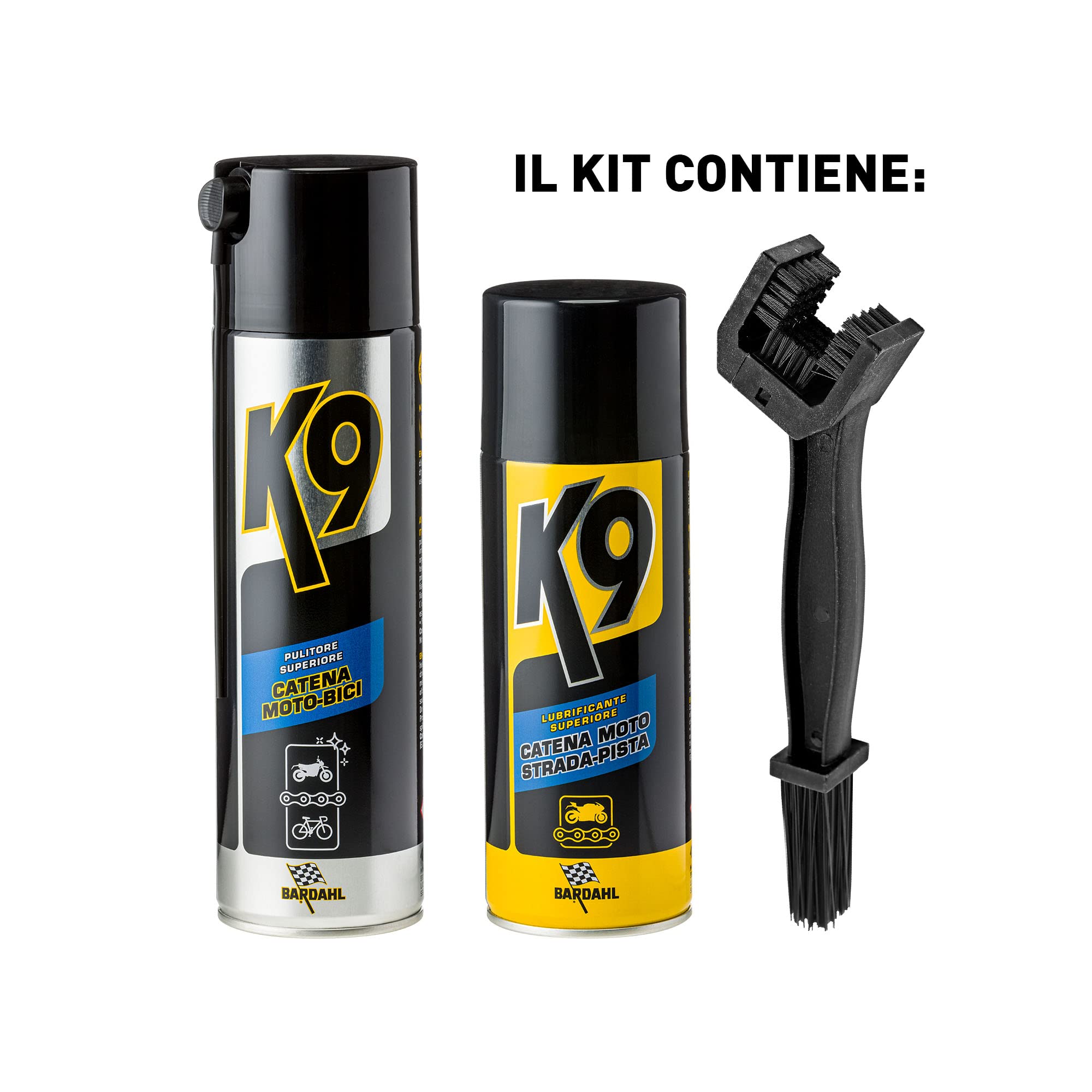 Bardahl - Kit Manutenzione Catene, Kit Speciale per Catena Moto da Strada-Pista, Anti-Usura e Ruggine, Allunga Vita Catena, Corona e Pignone, Resistenza Acqua, Spazzola Pulisci Catena