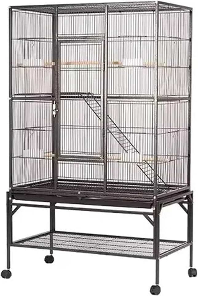 MBOX Gaiola para Pássaros 133x77x46cm 2 Andares com 4 Rodízios 360°, Bandeja Removível – Gaiola para Calopsita, Papagaio, Aves Médias e Grandes – Espaço Inferior para Armazenar Ração – Preto