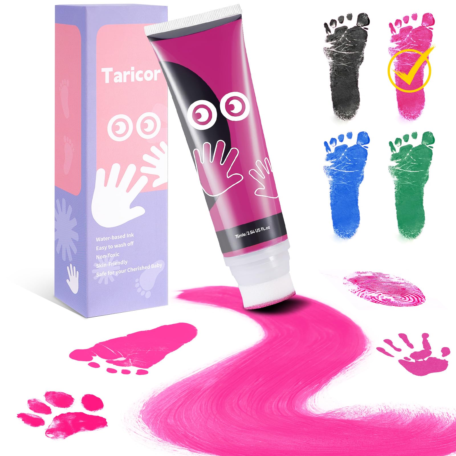 Taricor Kit Huellas Bebe, 75ml Huellas Bebe Recien Nacido Con Esponja, No Tóxicas Huella Bebe Pie y Manos, Tinta para Huellas Bebe para Regalo De Bautizo, Ideal Para Guardería, Escuela y Hogar