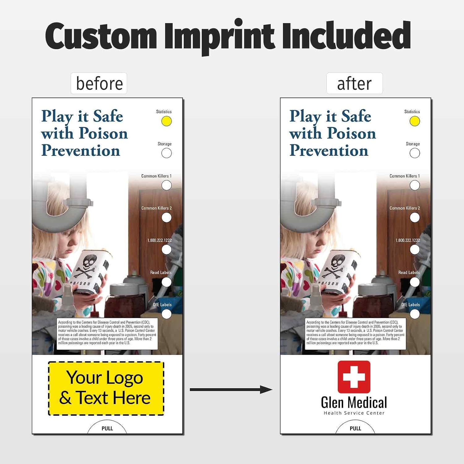 ZOCO – Poison Prevention Slide Charts – Pack of 250 – Custom Logo & Text – Medication Storage & Household Poison Safety Handouts for Pediatricians, Vets & Hospitals – 3.75 x 8.5 Inches