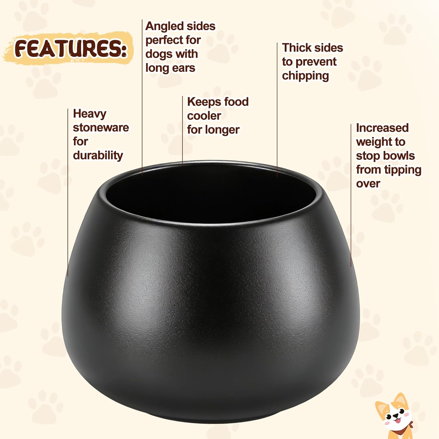 1 Pack 37 oz Ceramic Dog Bowl for Large Dogs with Long Ears No Spill Water & Food Pet Bowl Cocker Spaniel Beagle Bassett (Black)