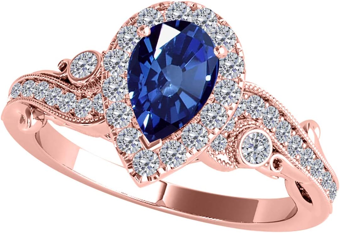 MauliJewels 1.35 Carat Pear Shape Sapphire & Round Diamond Ring for Women in 10K Rose, White and Yellow Gold, Prong Setting Engagement Wedding Jewelry