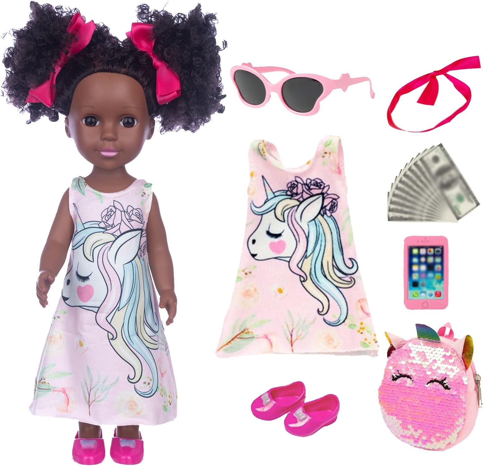 14.5 inch Wearing Pink Unicorn Dress Black Girl African-American Washable Realistic Silicone Baby Doll Clothes Accessories Set Include Backpack Sunglasses Shoes Phone and Headband