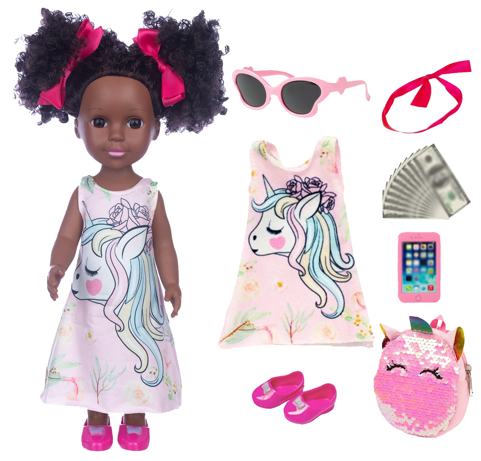 14.5 inch Wearing Pink Unicorn Dress Black Girl African-American Washable Realistic Silicone Baby Doll Clothes Accessories Set Include Backpack Sunglasses Shoes Phone and Headband