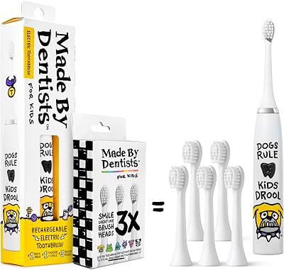 Made by Dentists Kids Electric Toothbrush - Rechargeable Vibrating Toothbrush with Timer, Includes 6 Replacement Heads, Gently Cleans Teeth, Kid & Toddlers Age 2+, (Bulldog)