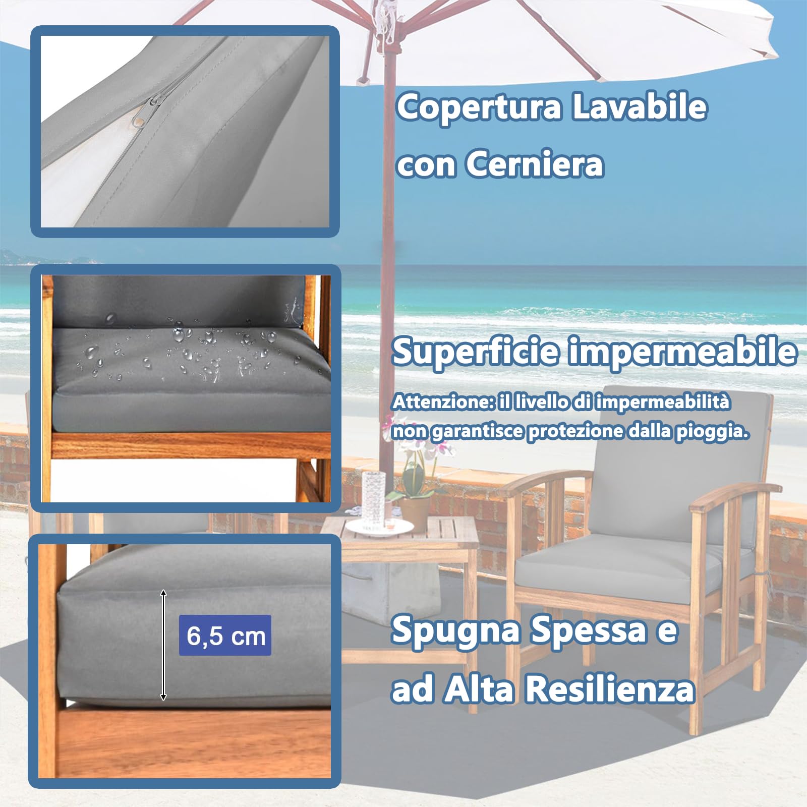 RELAX4LIFE Tavolo da Giardino con Sedie, Tavolo da Esterno con Piano a Doghe e 2 Poltrone con Cuscini, Braccioli Curvi, Set da Mobili in Legno di Acacia per Cortile, Bordo Piscina, Portata 180KG+75KG
