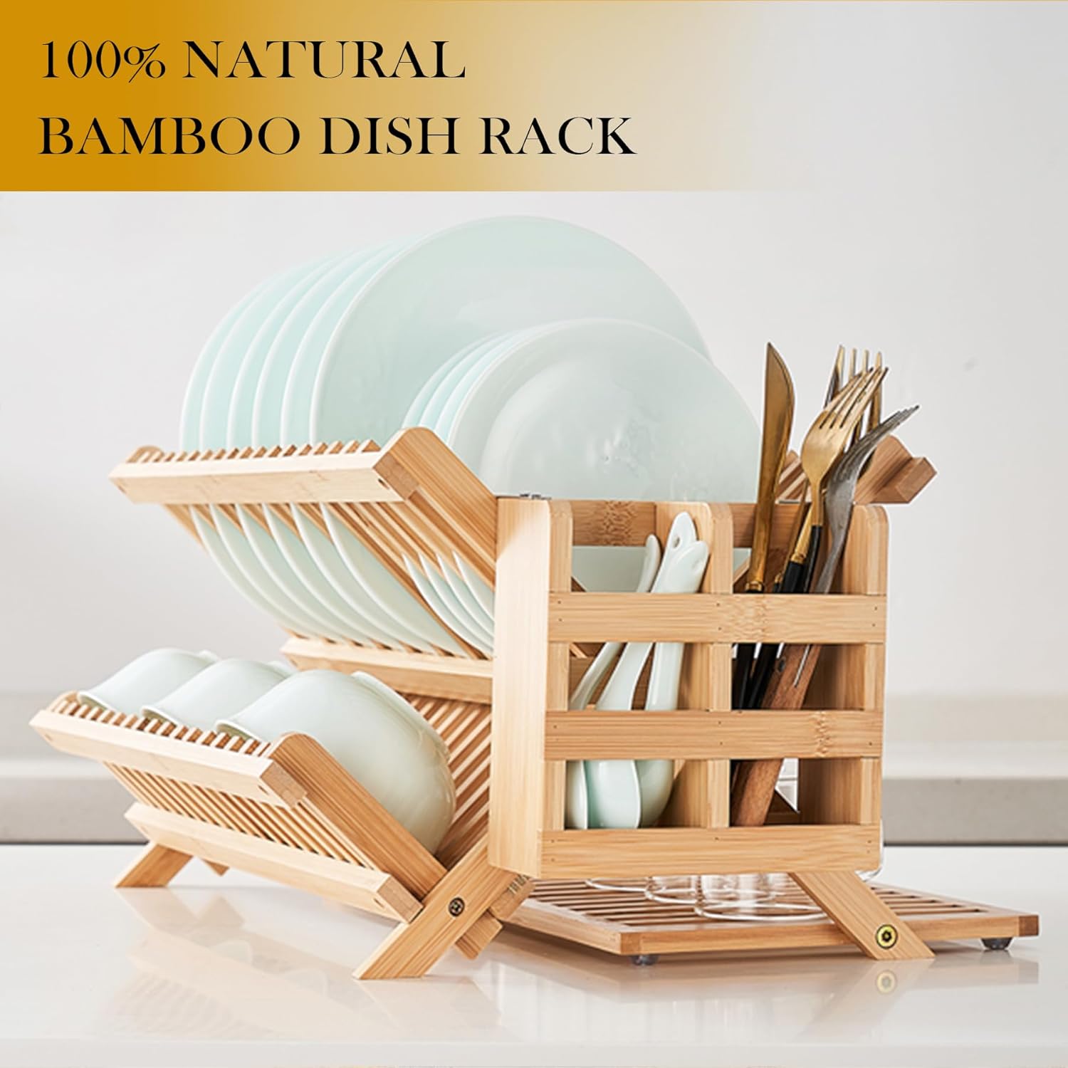 Foldable Bamboo Dish Rack, 3-Tier Wooden Dish Drainer & Utensil Holder for Kitchen - Large Countertop Drying Rack for Dishes and Plates, Natural Compact Storage