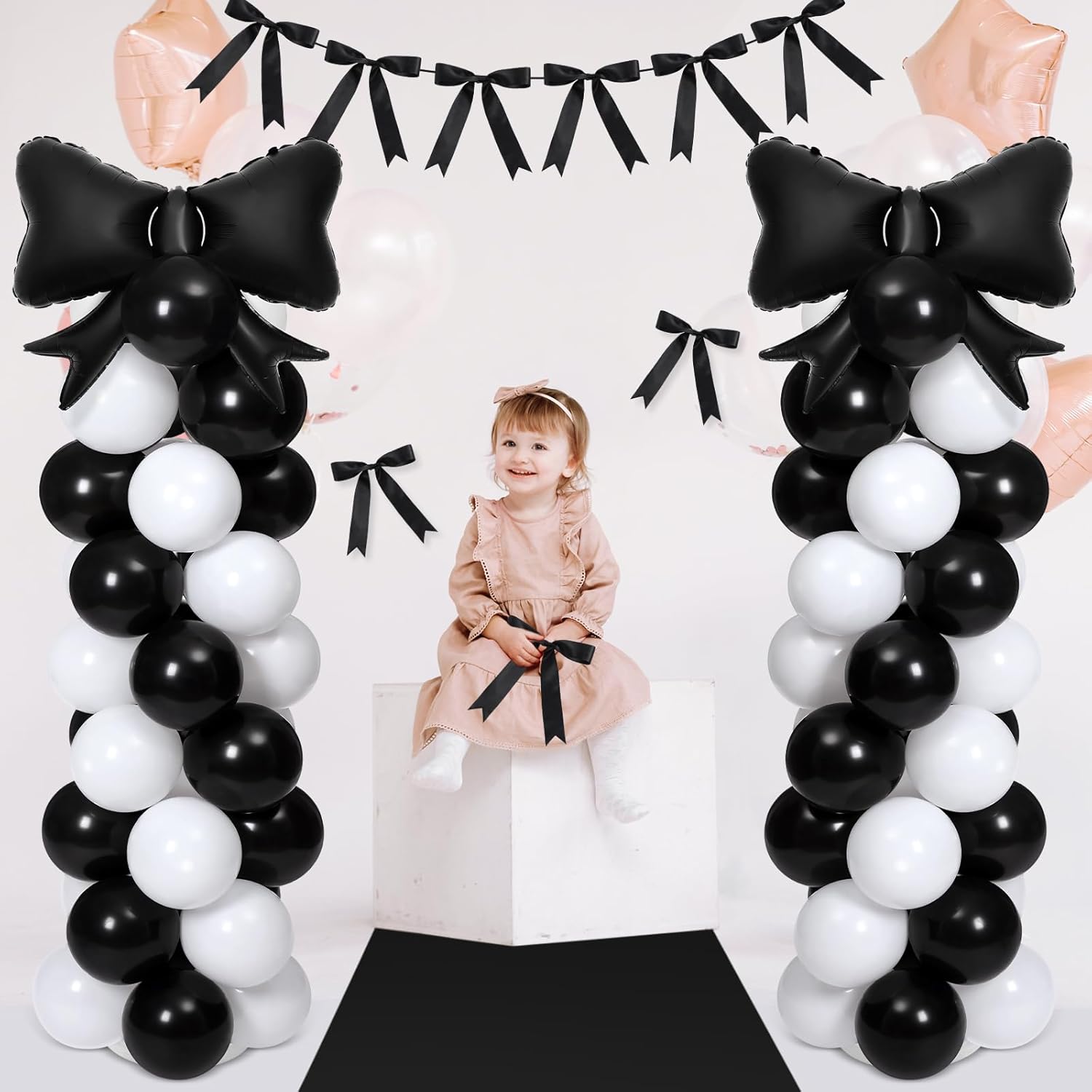 2 Sets Black White Bow Balloon Column Stand Kit Includes 2 Bows & 100 Latex Balloons Adjustable Stands for Princess Birthday Wedding Coquette Baby Shower Party Decoration