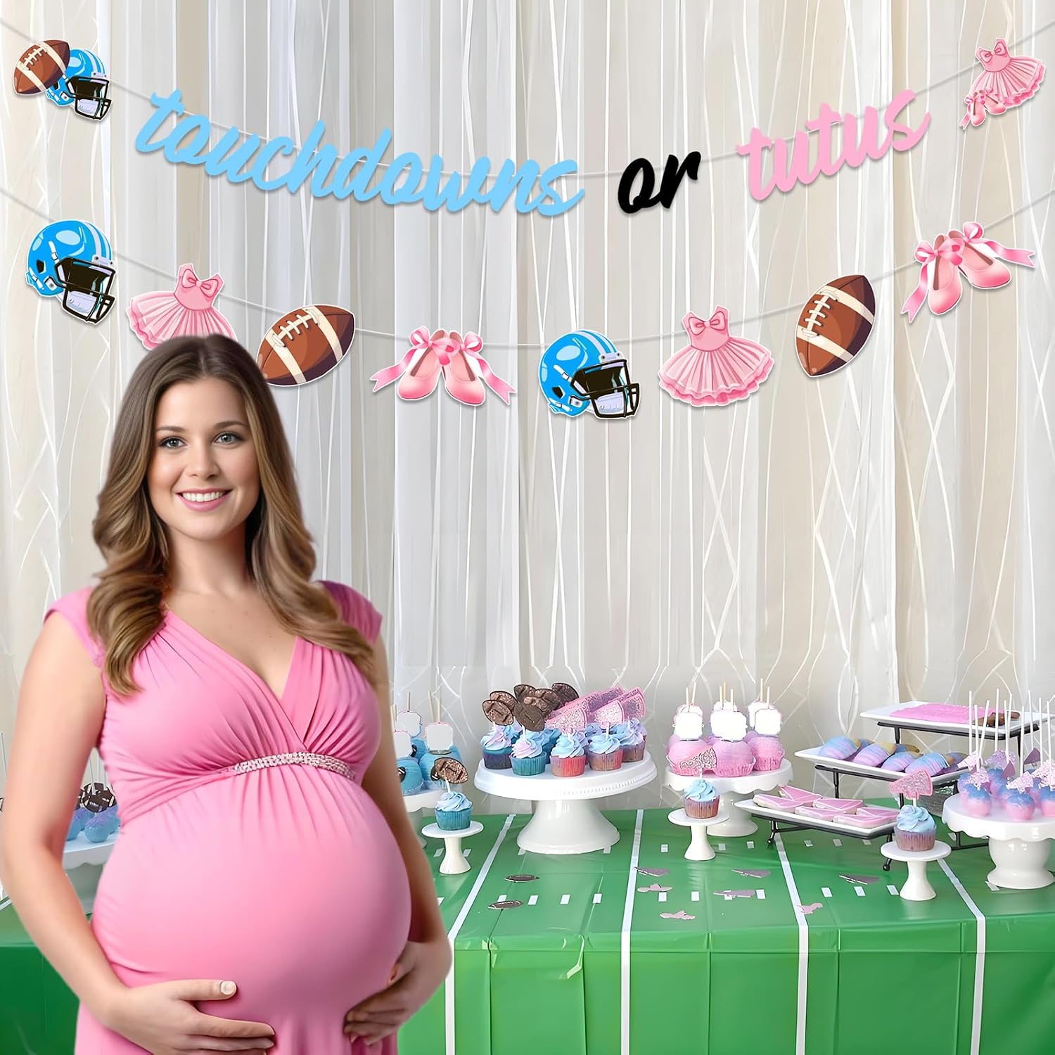 Jollyboom Football or Tutus Gender Reveal Decorations, Touchdowns or Tutus Gender Reveal Banner Pink Blue Ballet or Football Garland for Boy or Girl Baby Shower Gender Reveal Party Supplies image 2
