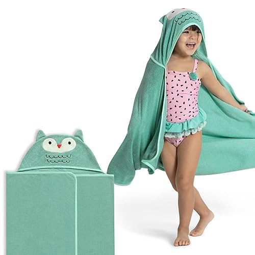 Delta Children Toalla de baño con capucha para niños con bolsillos, súper suave y absorbente, gran regalo para niños y niñas, búho verde azulado