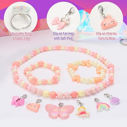 Miniatura 4 de ShineySky Joyas para niñas pequeñas, juego de 18 piezas de mariposas, collares, pulseras, anillos, aretes, diadema, accesorios de juguetes de
