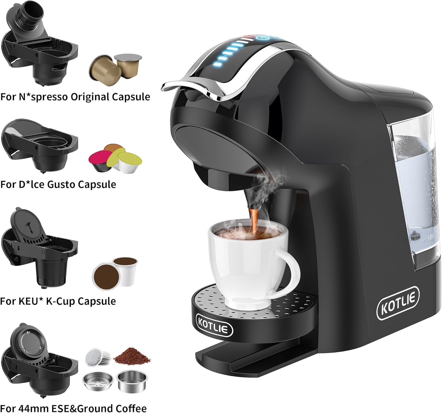 KOTLIE Single Cup Coffee Maker with multiple capsule adapters for Nespresso Original, Dolce Gusto, K-Cup, and 44mm ESE/Ground Coffee.