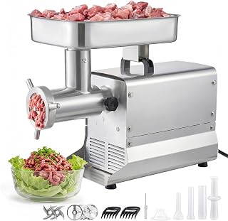 VEVOR Fleischwolf, 9,5 kg/min Kapazität, #32 Elektrischer Fleischwolf mit 3 Lochscheiben, 3 Wurstfüllrohren, 1100 W, 2-in-1 Küchenmaschine aus Edelstahl für private Küchen & Restaurants
