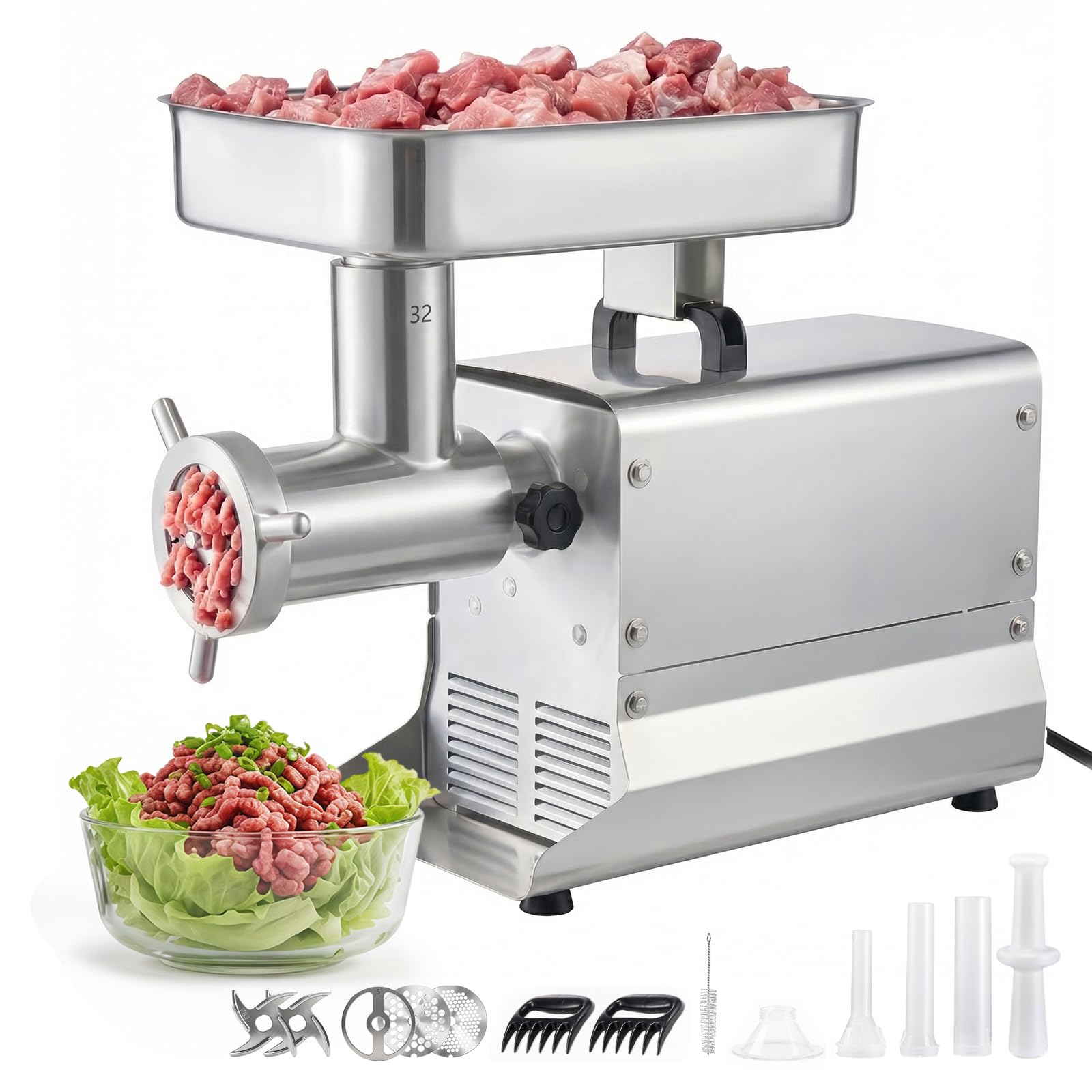 VEVOR Tritacarne Elettrica 1100 W da Cucina in Acciaio Inox, Tritacarne Capacità 9,5 kg/min con 3 Dischi 3 Tubi per Salsicce Salami Carne con Piedini Antiscivolo, Cucina Commerciale Ristorante Hotel
