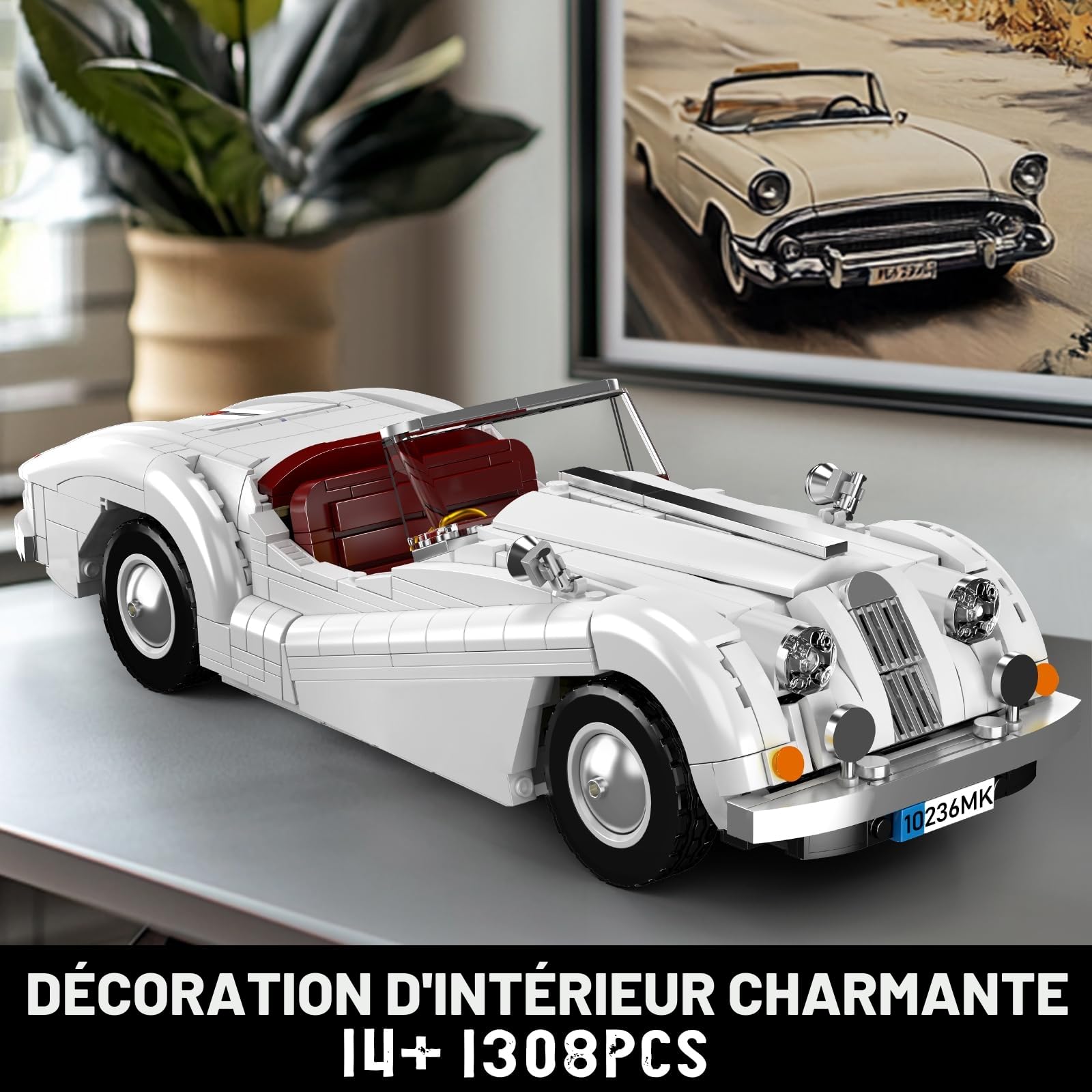 Mould King 10236 MOC Technique Vintage Cabriolet Sportwagen Modèle Pièces de Serrage Ensemble, MOC Vieille Voiture Modèle Pièces de Serrage Ensemble für Jugendliche/Adulten Collector (1302+ pièces)