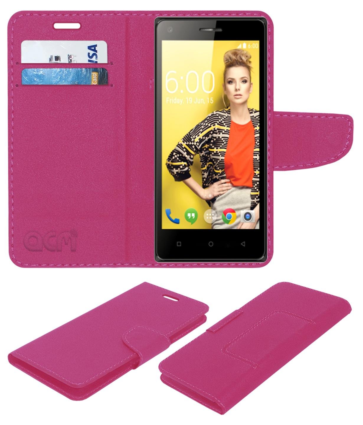ACM Mobile Leather Flip Flap Wallet Case Compatible with Zen Admire Fab Mobile Cover Pink
