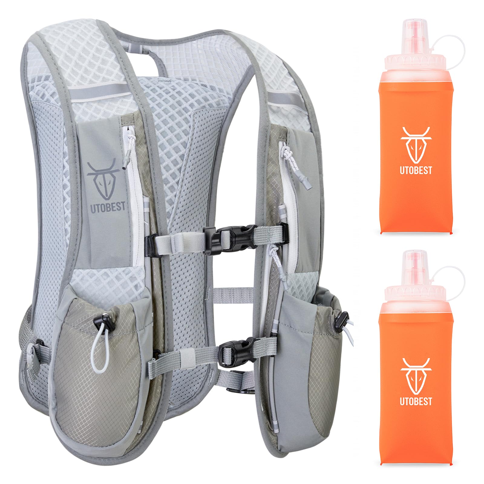 UTOBEST Running Vest Running Backpacks Lightweight Adjustable Hydration Pack 5L for Men & Women, Grey, with 2*350ml Bottles