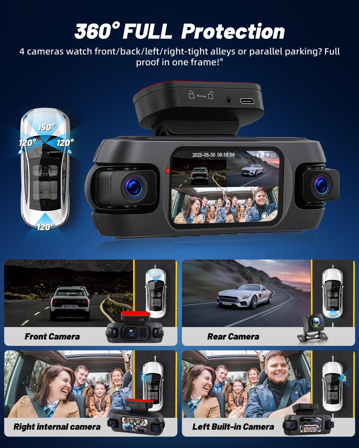 NHOPEEW Cámara Frontal y Trasera de 4 Canales para automóviles con Pantalla de 3,16 Pulgadas - Cámara de salpicadero con visión Nocturna 360° 8R, grabación en Bucle y detección de Movimiento