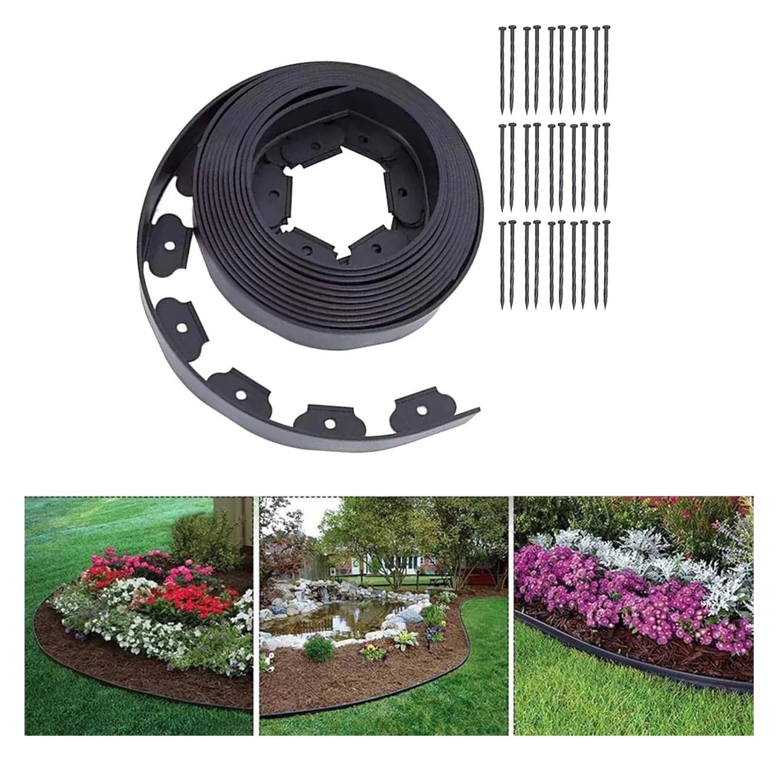 Bordures de Jardin, Bordure de pelouse en Plastique 32 Pieds sans Bordure Jardin Noire avec 30 enjeux