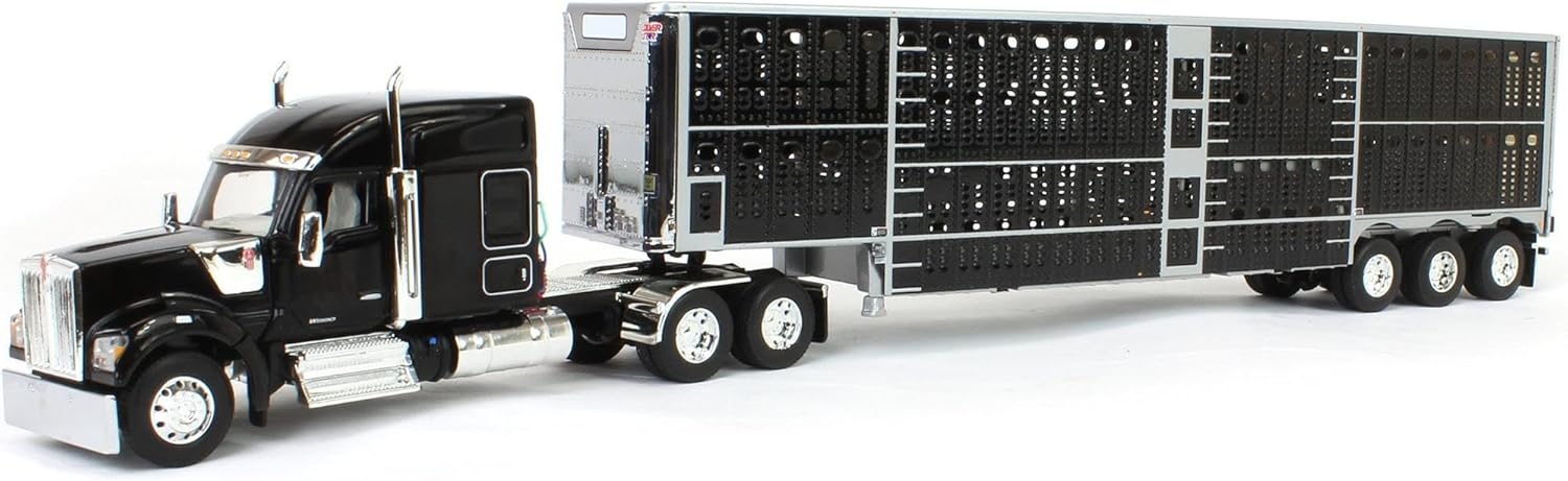 DCP Kenworth W990 with Wilson Silverstar Livestock Quad-Axle Trailer 1/64 Scale Black Semi Truck Model for Ages 14+