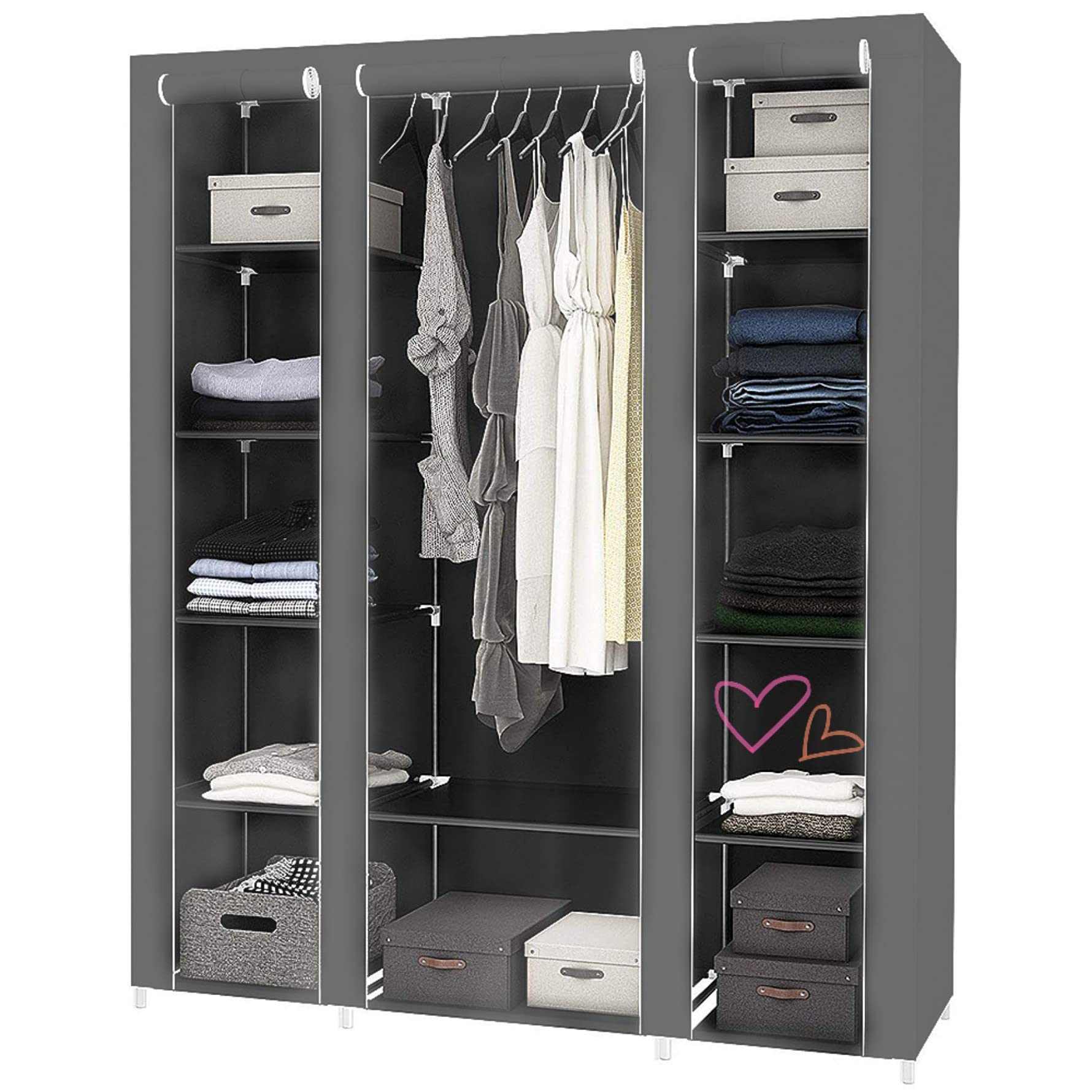 LANTUS Armario Tela Plegable– Guardar Ropa Organizador de Textil Tela Portátil con Cremallera y Barra de Armario per Colgar – Closet Estanteria Exterior(Gris, 172 * 134 * 43cm)