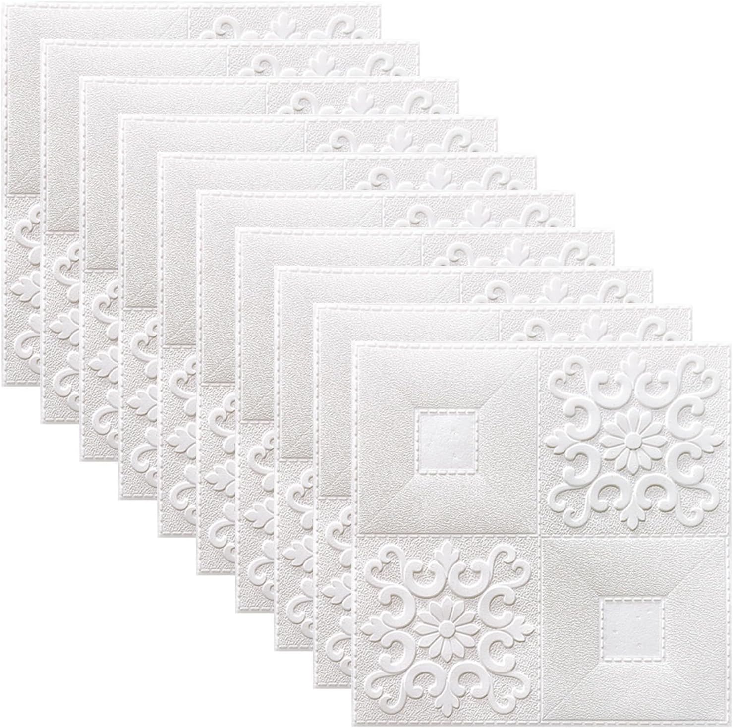 10Pcs 3D Wall Sticker Soft Foam Panels Home Decor, Self-Adhesive for tile Stone Brick Pattern Wallpaper, 350 * 350mm Waterproof Ceiling Wall Stickers For Kitchen Living Room Bedroom(White)