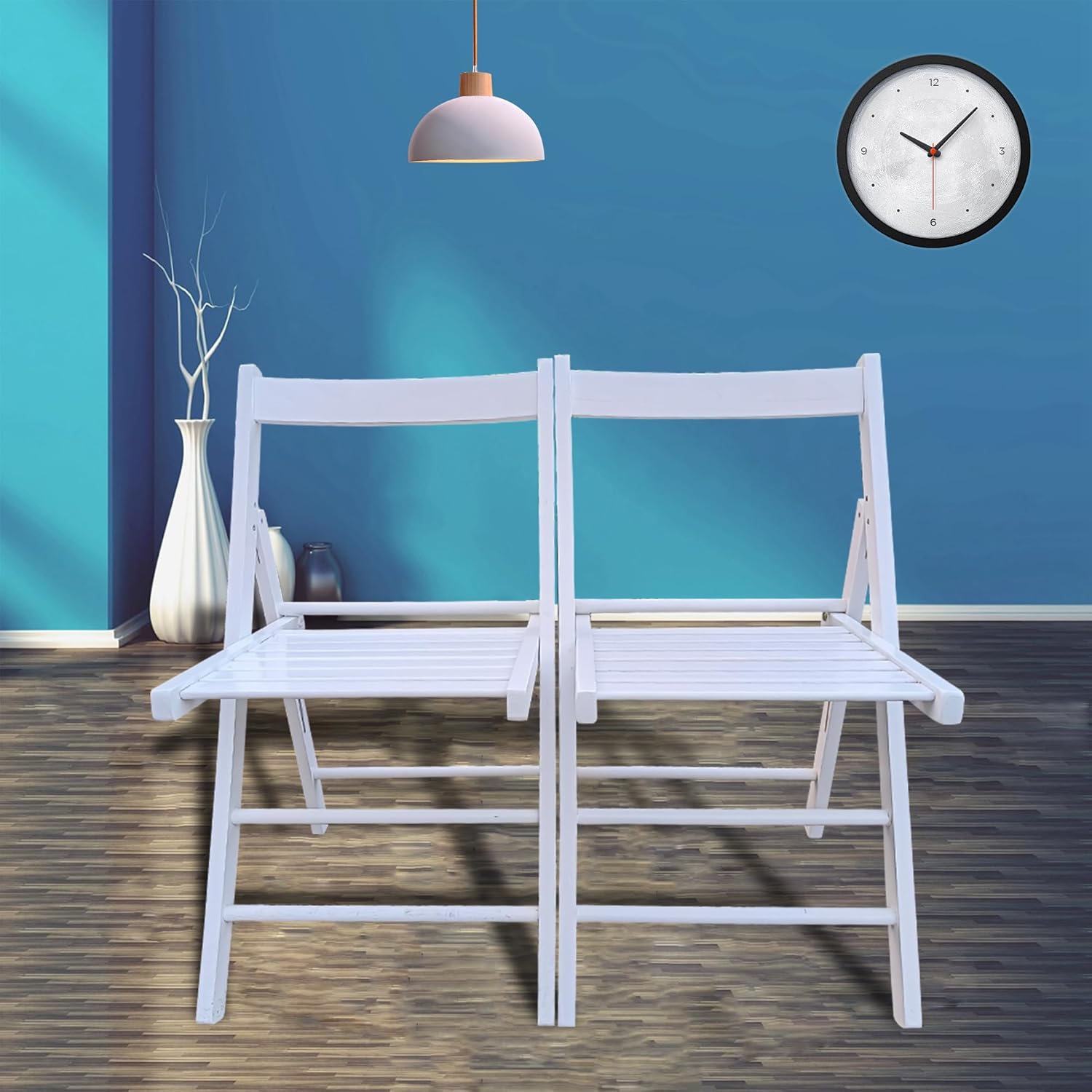 Set of 2 Solid Wooden Folding Chair, Slatted Seat and Open Back, Foldable Dining Chairs, Fully Assembled, Portable Event or Wedding Chairs, Indoor, Outdoor, 220 LBS Capacity, White