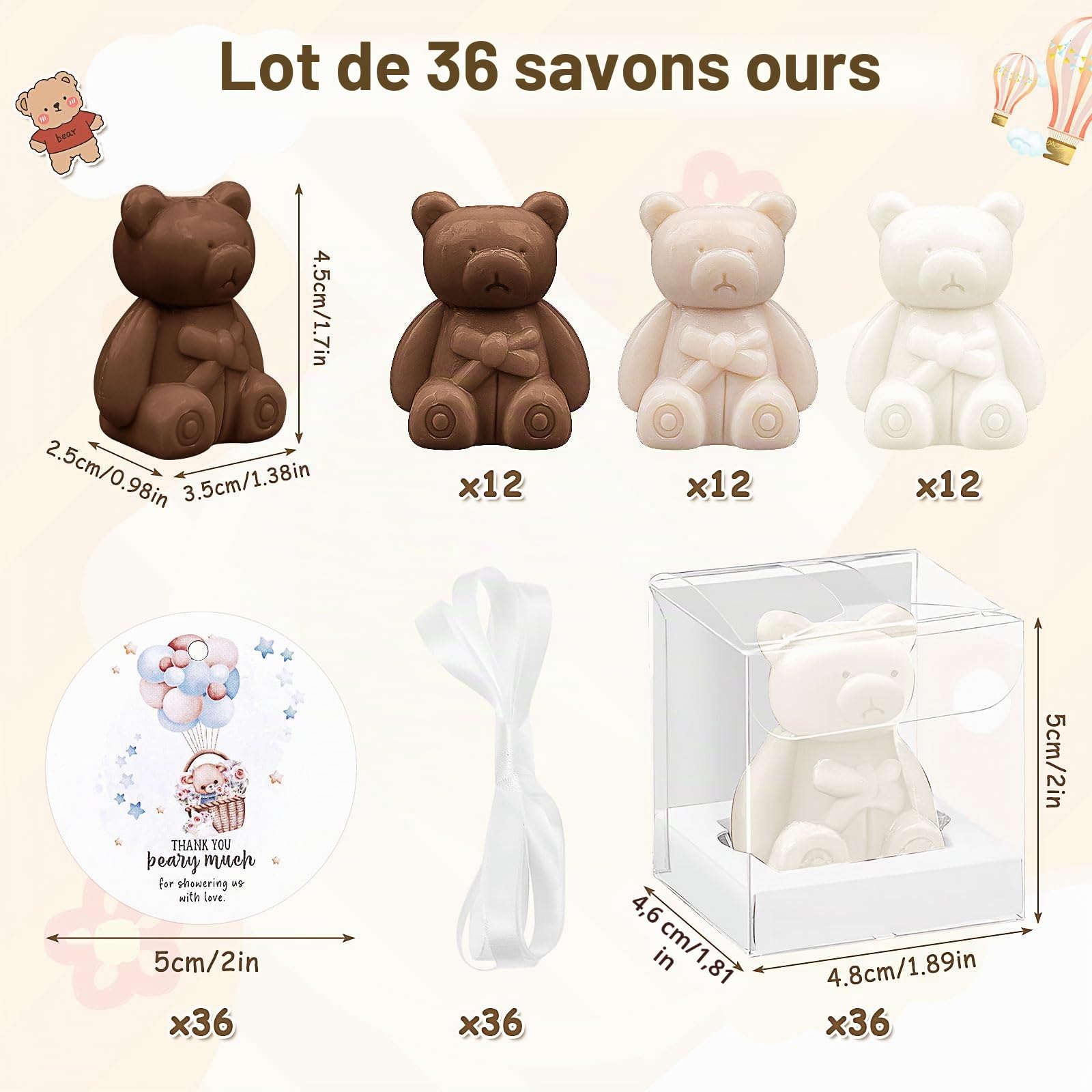 Lot de 36 savons en forme d'ours pour fête prénatale, mini savon en forme d'ours mignon avec cartes de remerciement et boîtes, savons parfumés en vrac pour décoration, cadeau d'invité, fournitures de