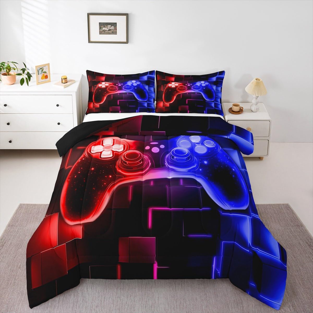 Erosebridal Kids Gamer Comforter Set Queen, Gaming Bedding, Video Games Gamepad Bedding Comforter Sets Neon Glowing Square Geometric Grid Red Blue Bedroom Decor Duvet Insert