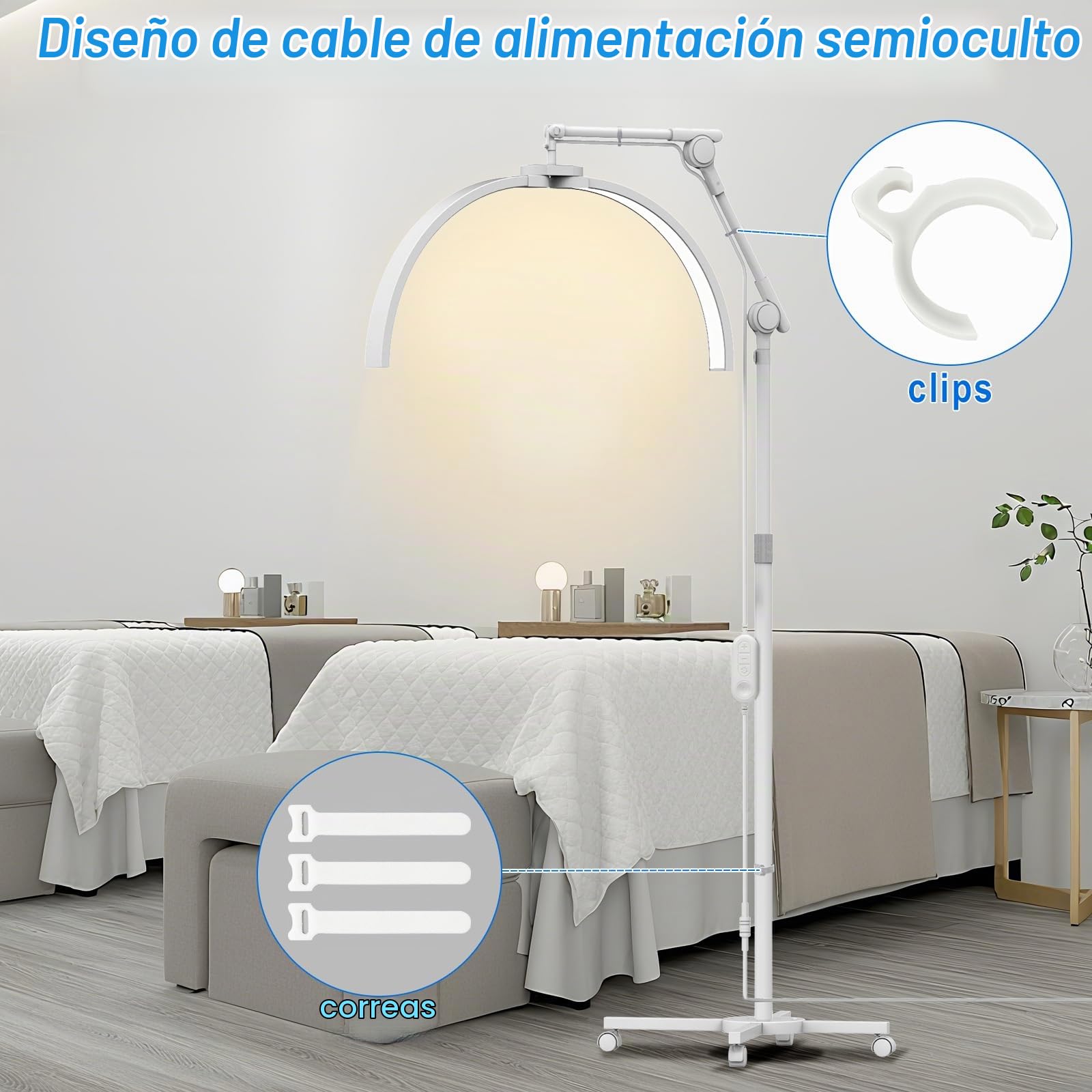 CGBE Lámpara Pestañas Media Luna de Pie LED Profesional con Base Rodante | Lámpara Extensiones Pestañas con Soporte Teléfono, Cabezal Giratorio 360°, Brillo y Altura Ajustables para Salones de Belleza