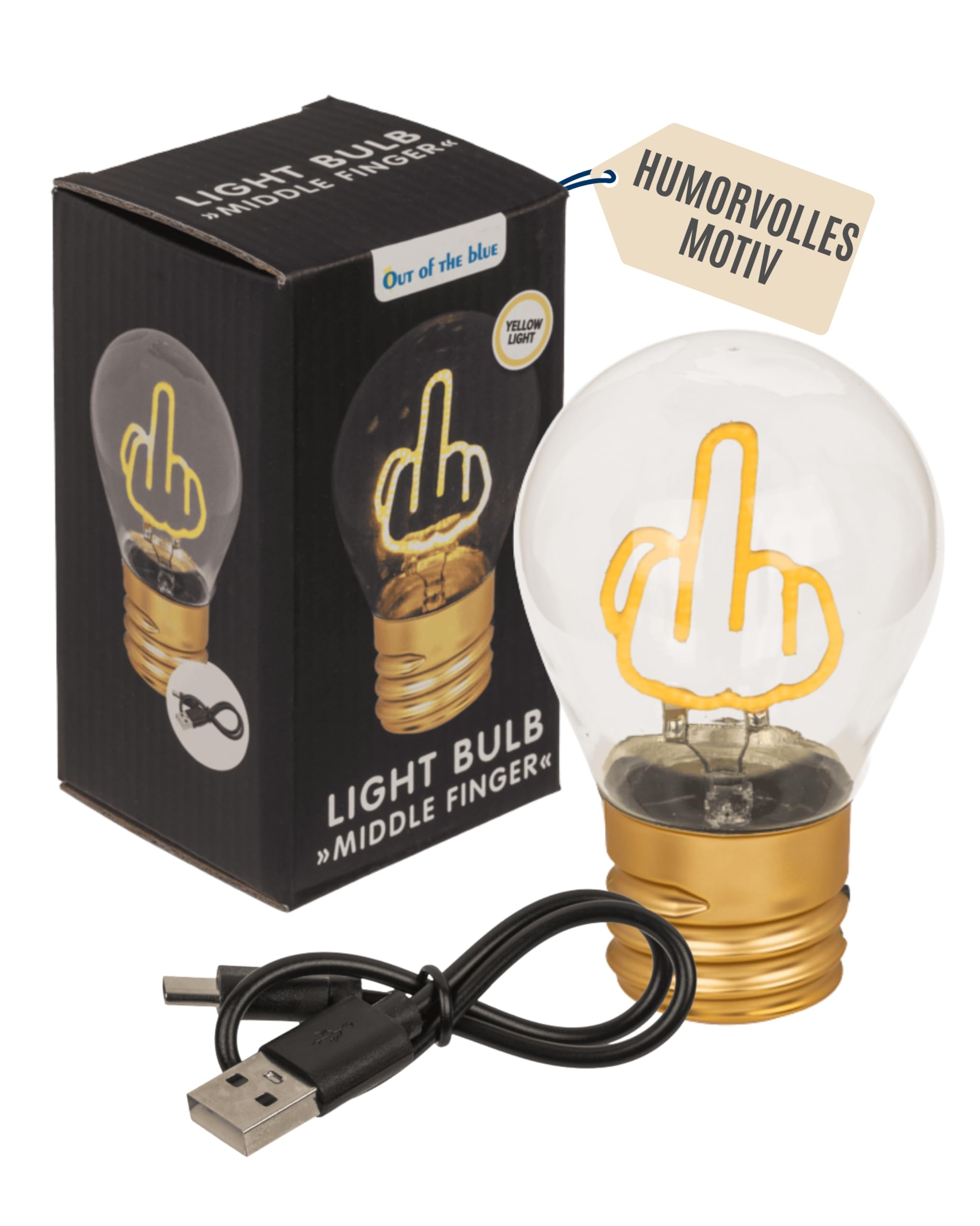 Out of the blue LED-Glühleuchte Mittelfinger - Humorvolle Deko-Leuchte - Bis zu 5h Akkulaufzeit - USB-aufladbar & kabellos nutzbar - Kompakte Maße 12×7 cm - inkl. Geschenkverpackung