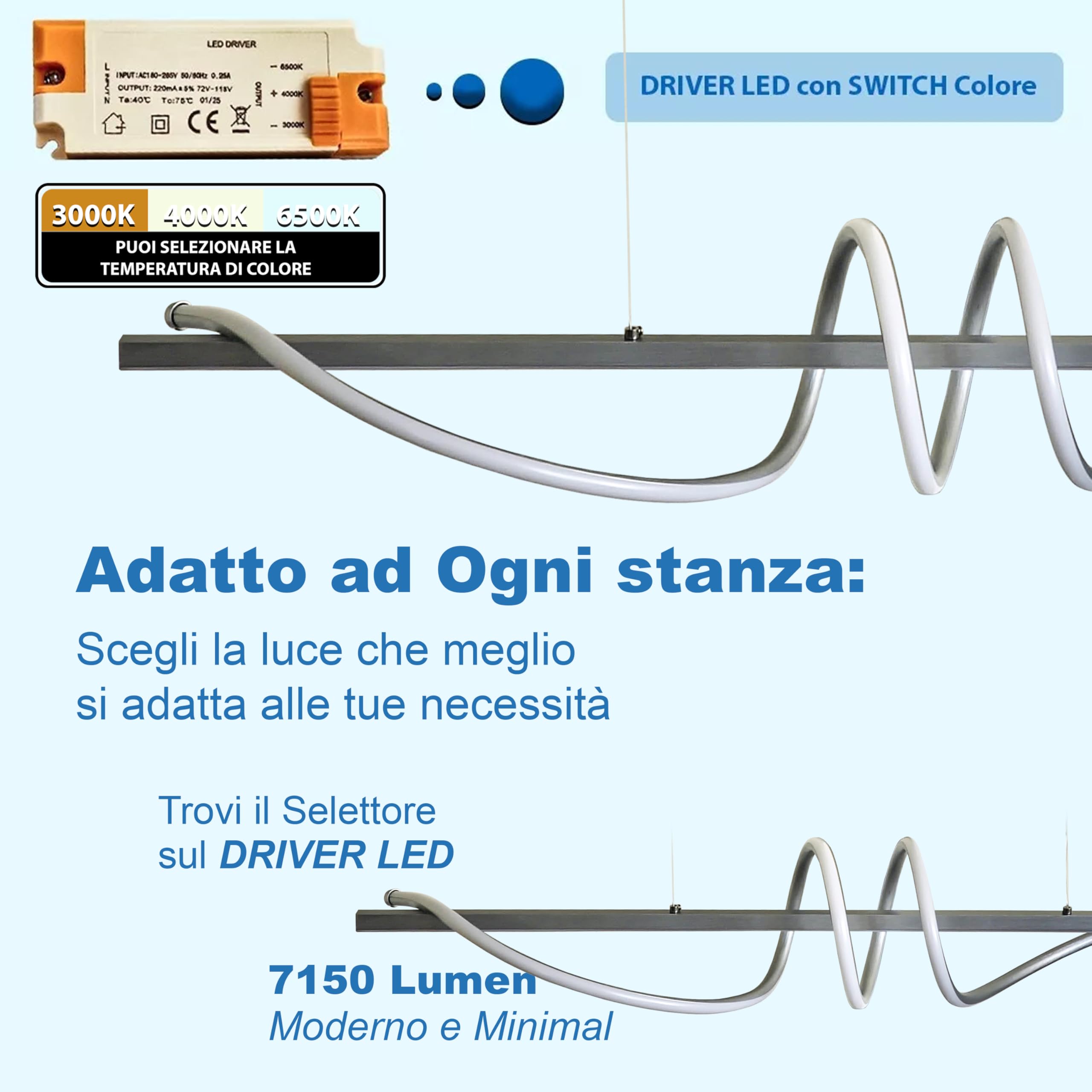 Maka Lampadario a Sospensione LED Soggiorno, Lampada Cambio Temperatura Luce Calda-Naturale-Fredda, Design a Onde, 65 Watt 7150 Lumen, 220 Volt, Lampadario Camera da Letto (Switch Argento)
