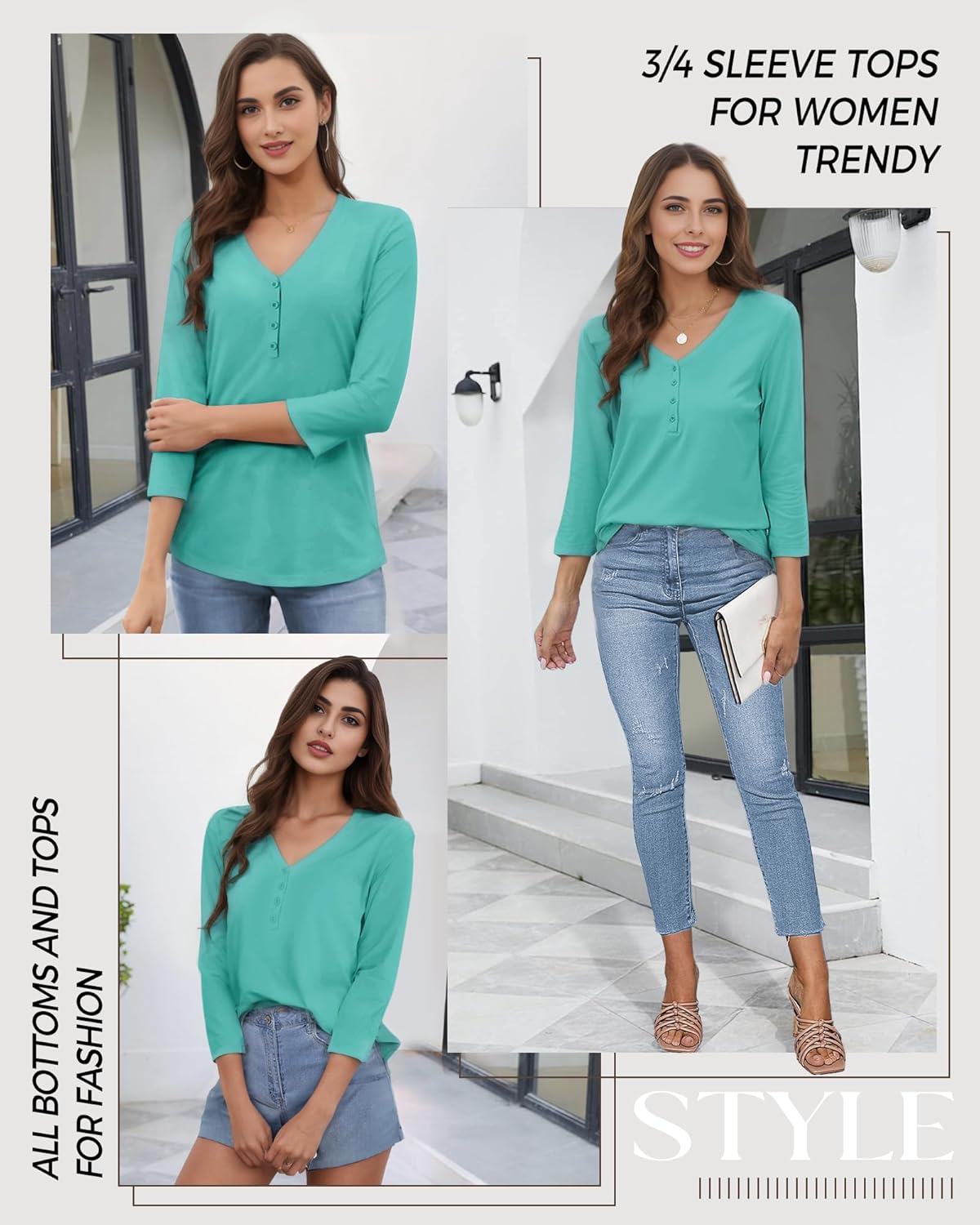 3/4 Length Sleeve Womens Tops Casual V Neck T Shirts Solid Basic Tee Tunic Tops Button Down Shirts Fall Clothes - Image 6