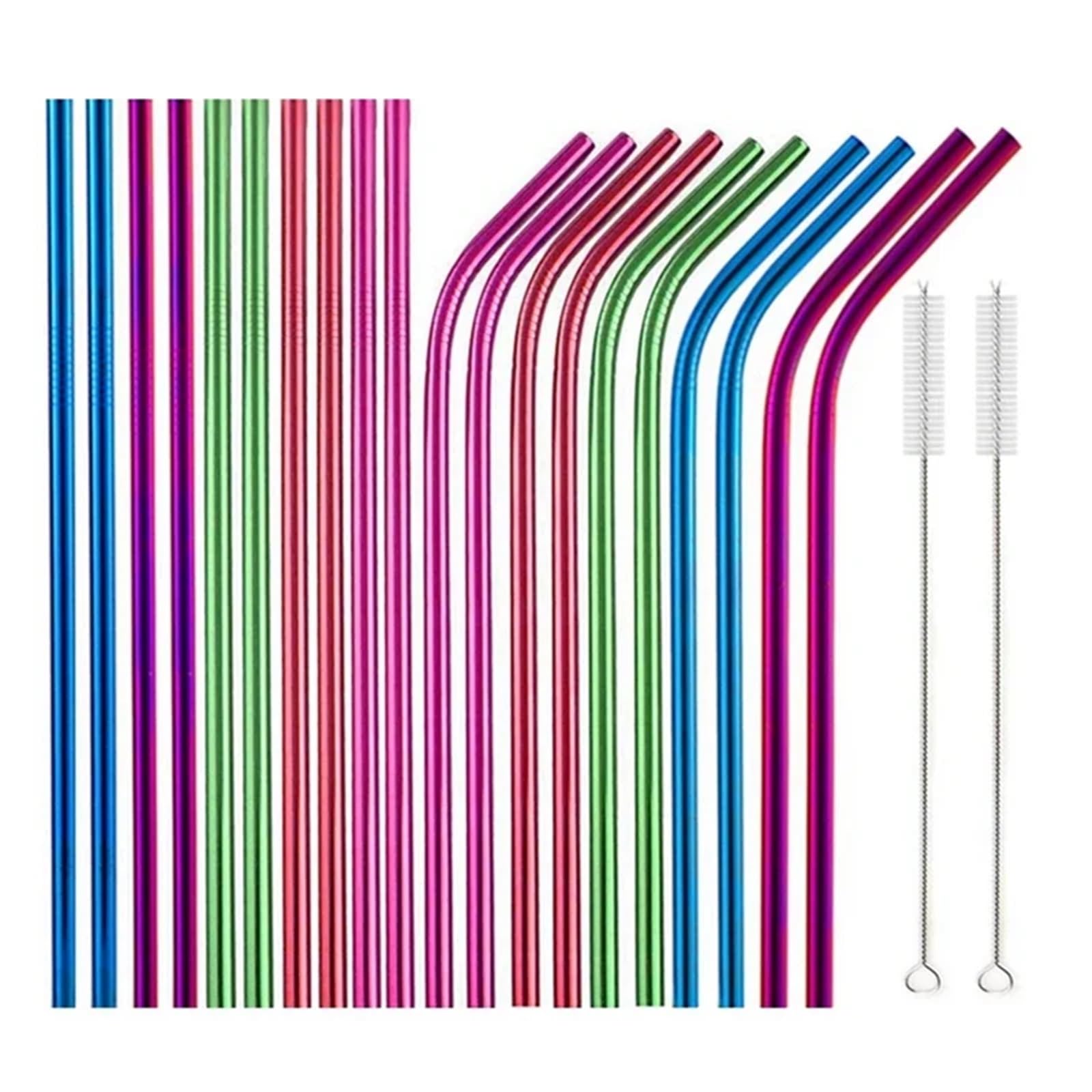 Edelstahl-Strohhalm-Set 10 Farben Metall-Trinkhalme, 20 Stück, bunt, wiederverwendbar, 304 Edelstahl-Set mit 2 Bürsten(5Color Mixed B)