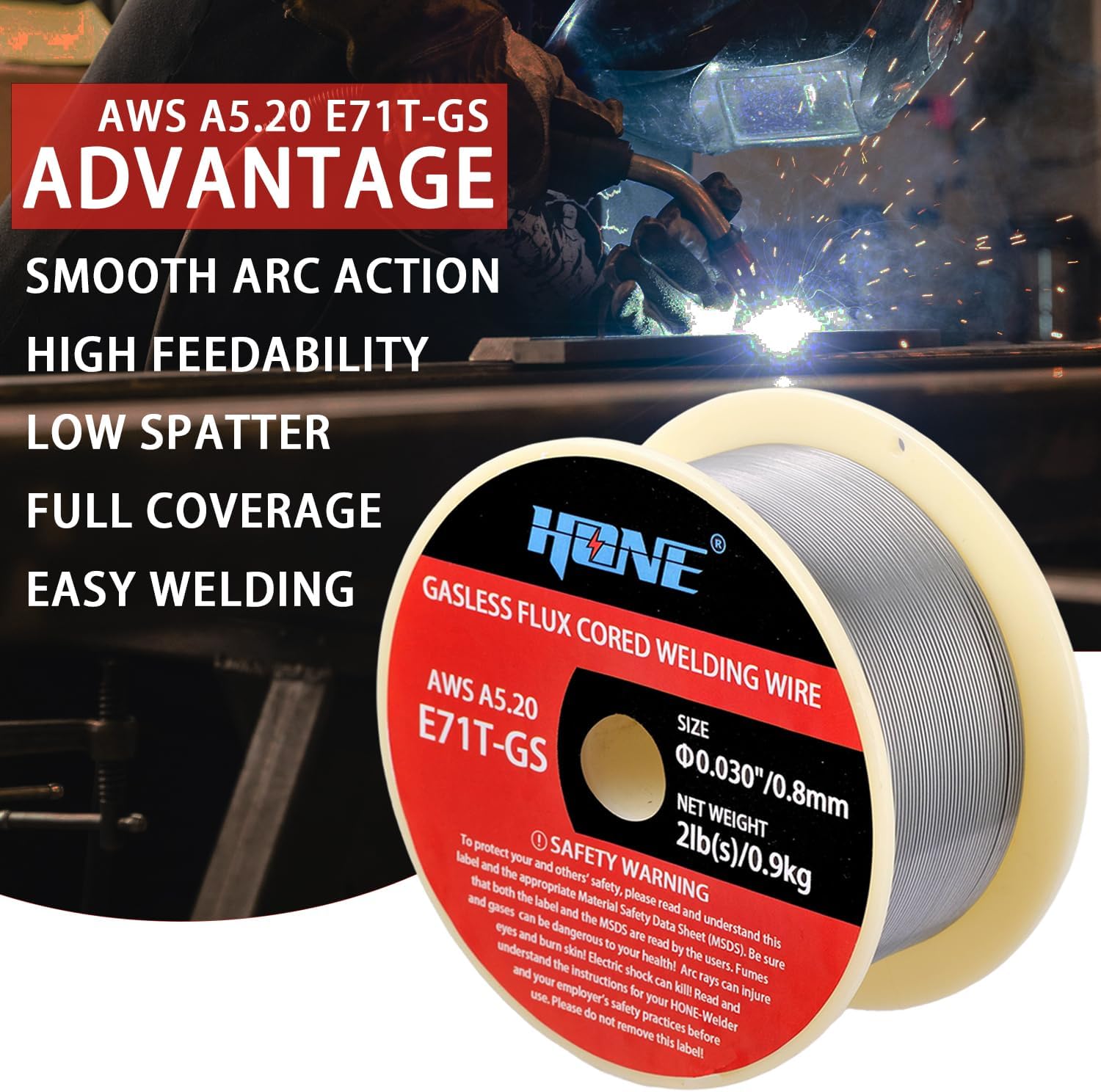 HONE 2-Pack Flux Core Welding Wire, .030"+.035" 2lb E71T-GS Gasless Flux Core Wire with Strong ABS Plastic Spool, Flux Core Wire Low Splatter Mig Welding Wire Compatible With Most Welder.