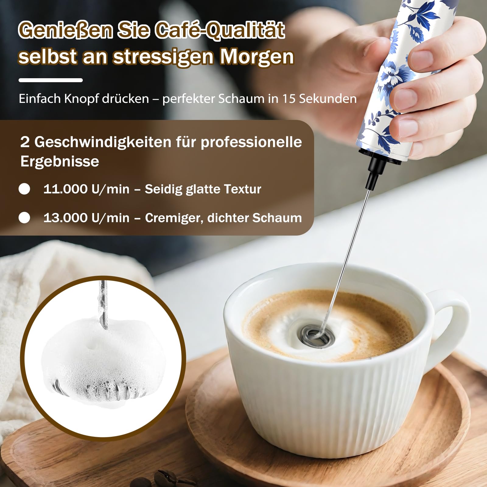 Mousseur à lait électrique USB-C avec 5 fouets interchangeables en acier inoxydable – 2 vitesses réglables (11 000/13 000 tr/min), mousseur étanche pour café, latte, cappuccino, matcha (20)