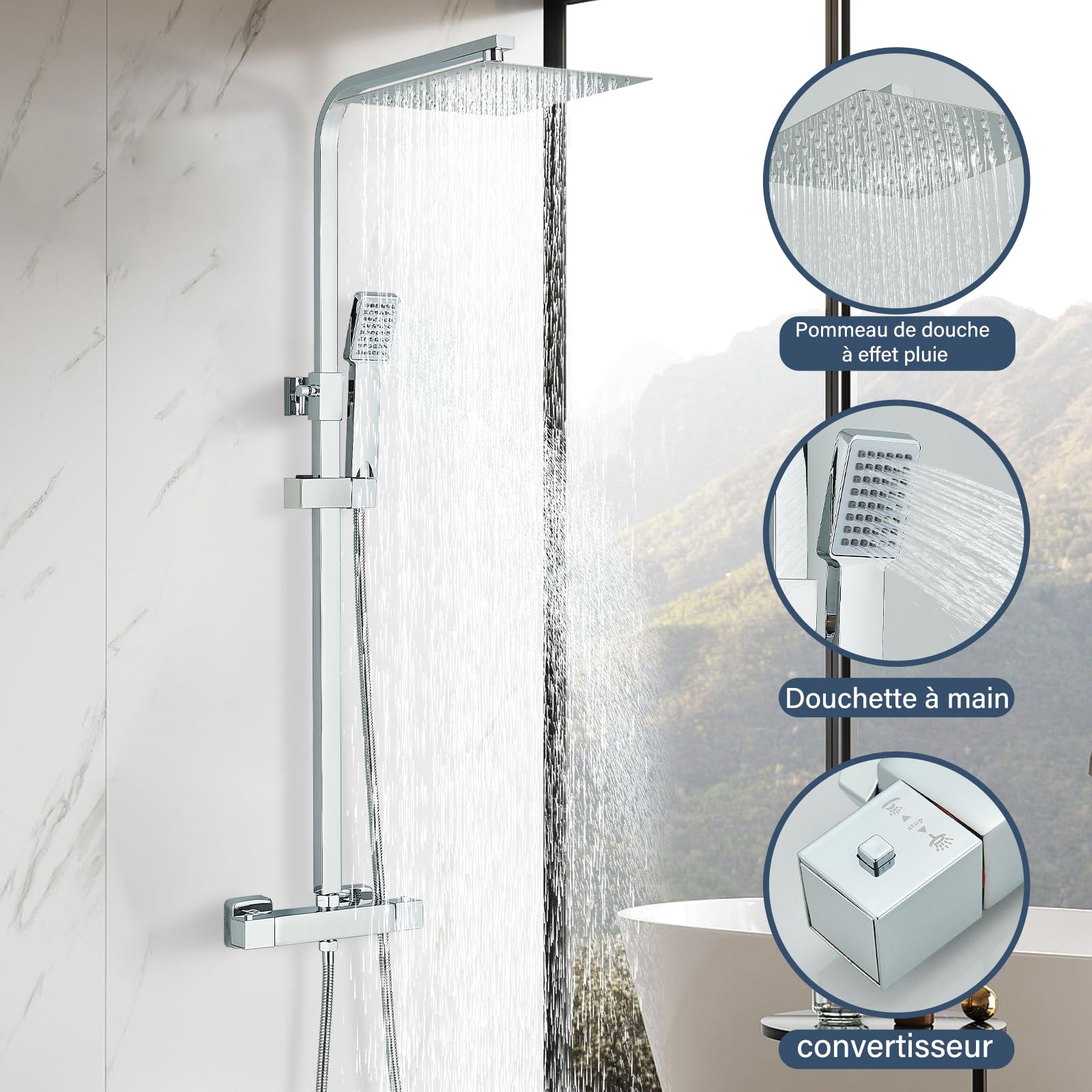 Thermostatique Colonne de Douche Chromé avec Mélangeur Réglable en Hauteur Ensemble de Douche 25x25cm Pluie Pommeau de Douche Carré avec Douchette à Main Acier Inoxydable