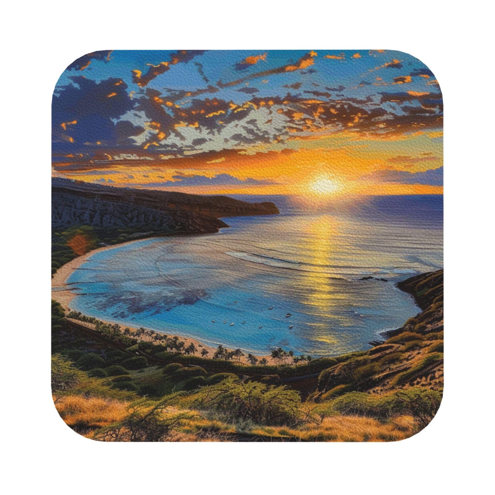 Sunrise Over Hanauma Bay Oahu Hawaii Print Leather Coaster Set of 6, Square Coasters Table Decorative Coffee Cup Beverage Coasters Wine Beer Bar Coasters for Hot Drinks Table Protection