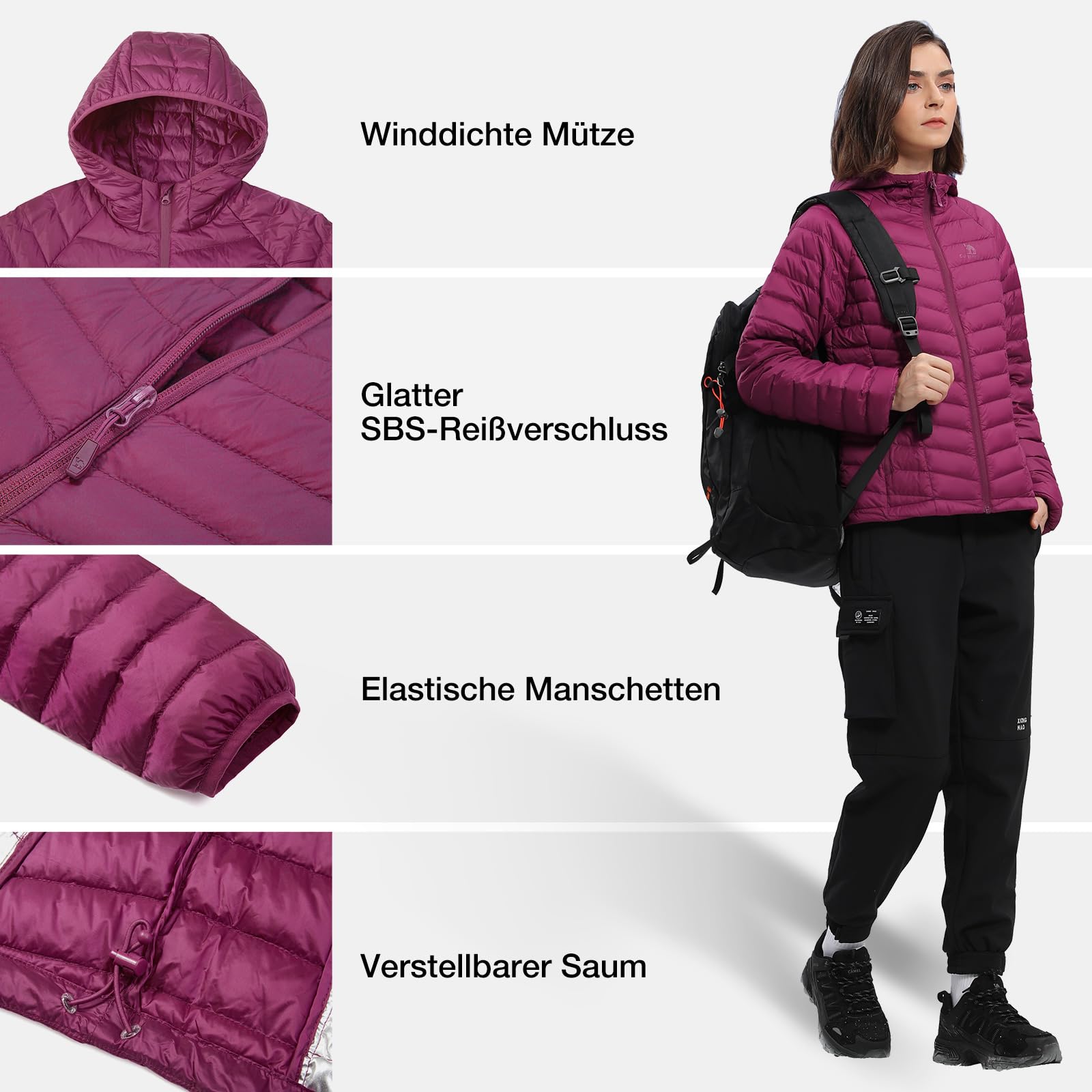 OutPro Daunenjacke Damen Leichte Packbare Übergangsjacke Warme Winterjacke mit Kapuze Outdoor für Frauen Warmes Polythermal-Futter mit Taschen für Freizeit Wandern Reisen