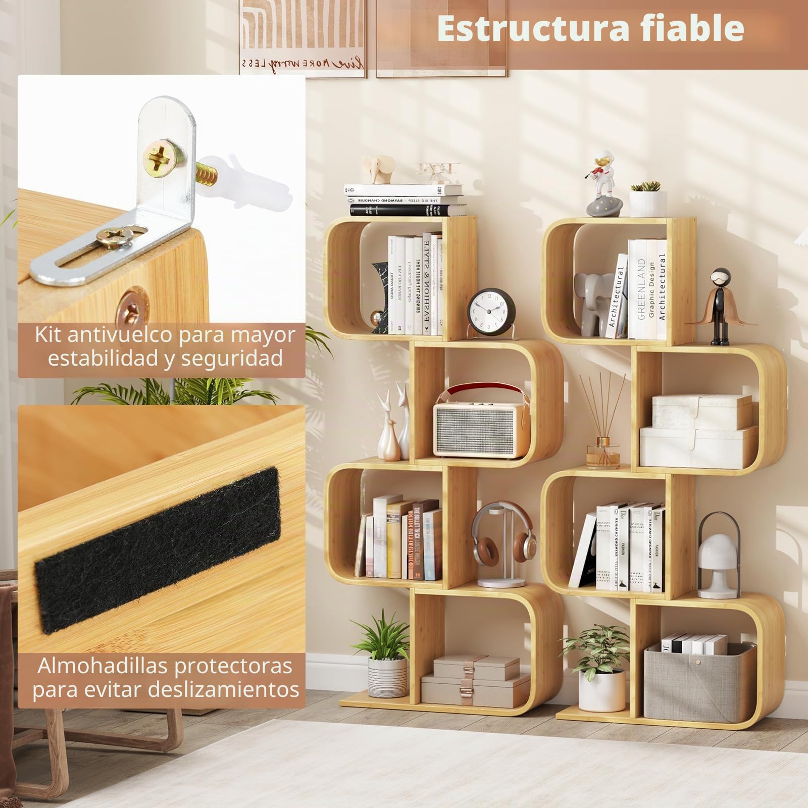 GIANTEX Estantería de Almacenamiento de Bambú con Esquinas Redondeadas, Librería en Forma de S con 4 Cubos Abiertos, 61x23x133,5 cm, Estantería de Exposición para Salón, Dormitorio (4 Niveles)