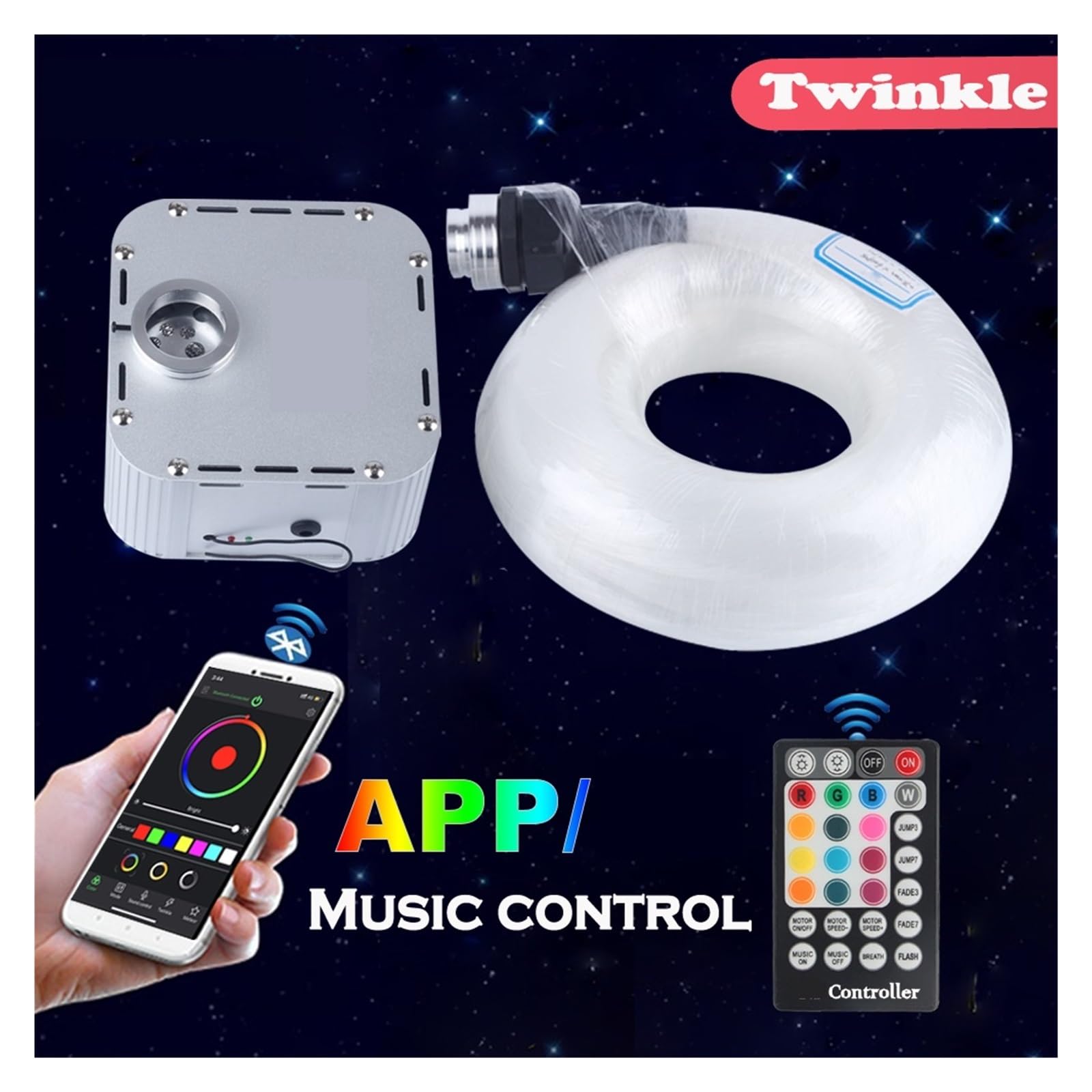 Zestaw oświetlenia światłowodowego LED, 32W RGB 4-poziomowy kontroler efektu migotania, 600 szt. 4m 0.75mm kabel światłowodowy kontrola aplikacji,Wytrzymały