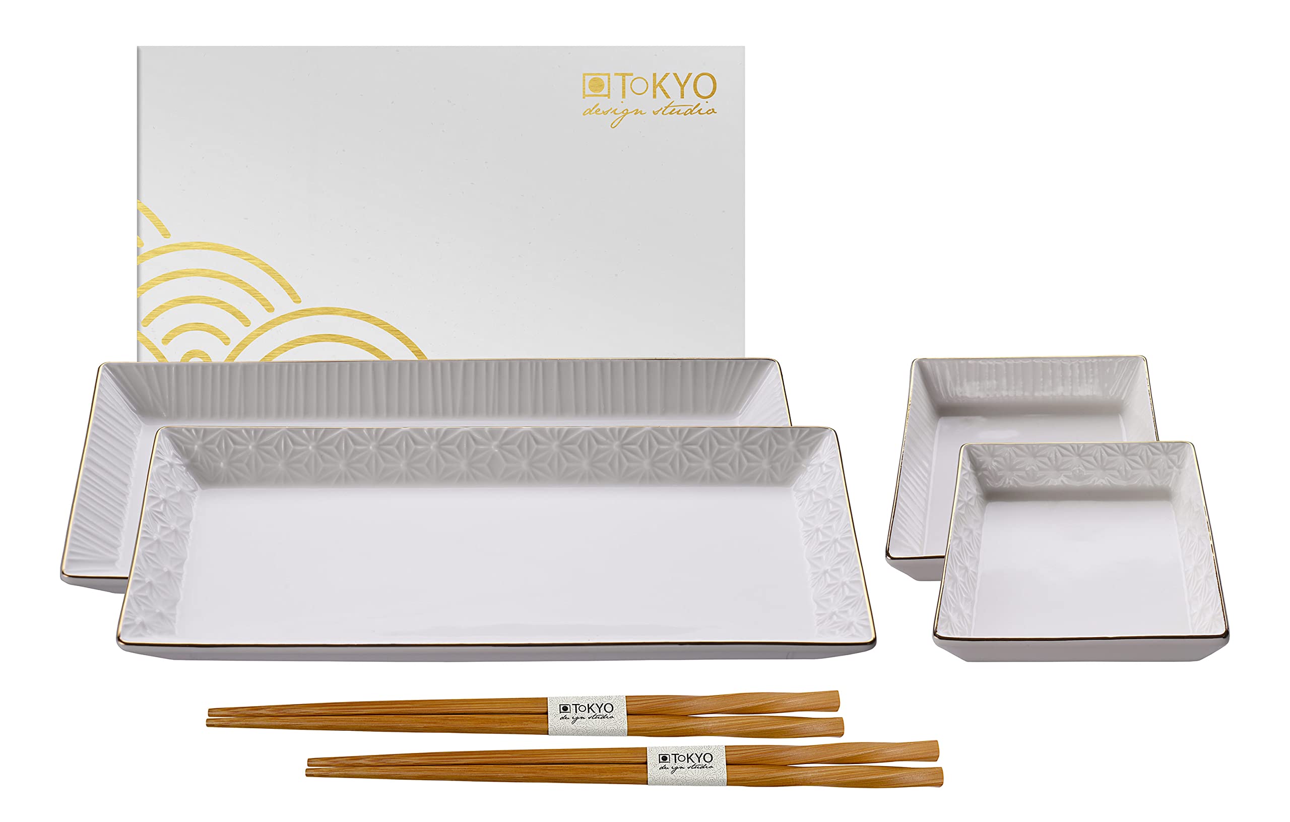 TOKYO design studio Nippon White Sushi-Set weiß, mit Goldrand, 6-TLG., 2X Sushi-Platten 2X Saucen-Schalen, 2X Essstäbchen, asiatisches Porzellan, Japanisches Design, inkl. Geschenk-Verpackung