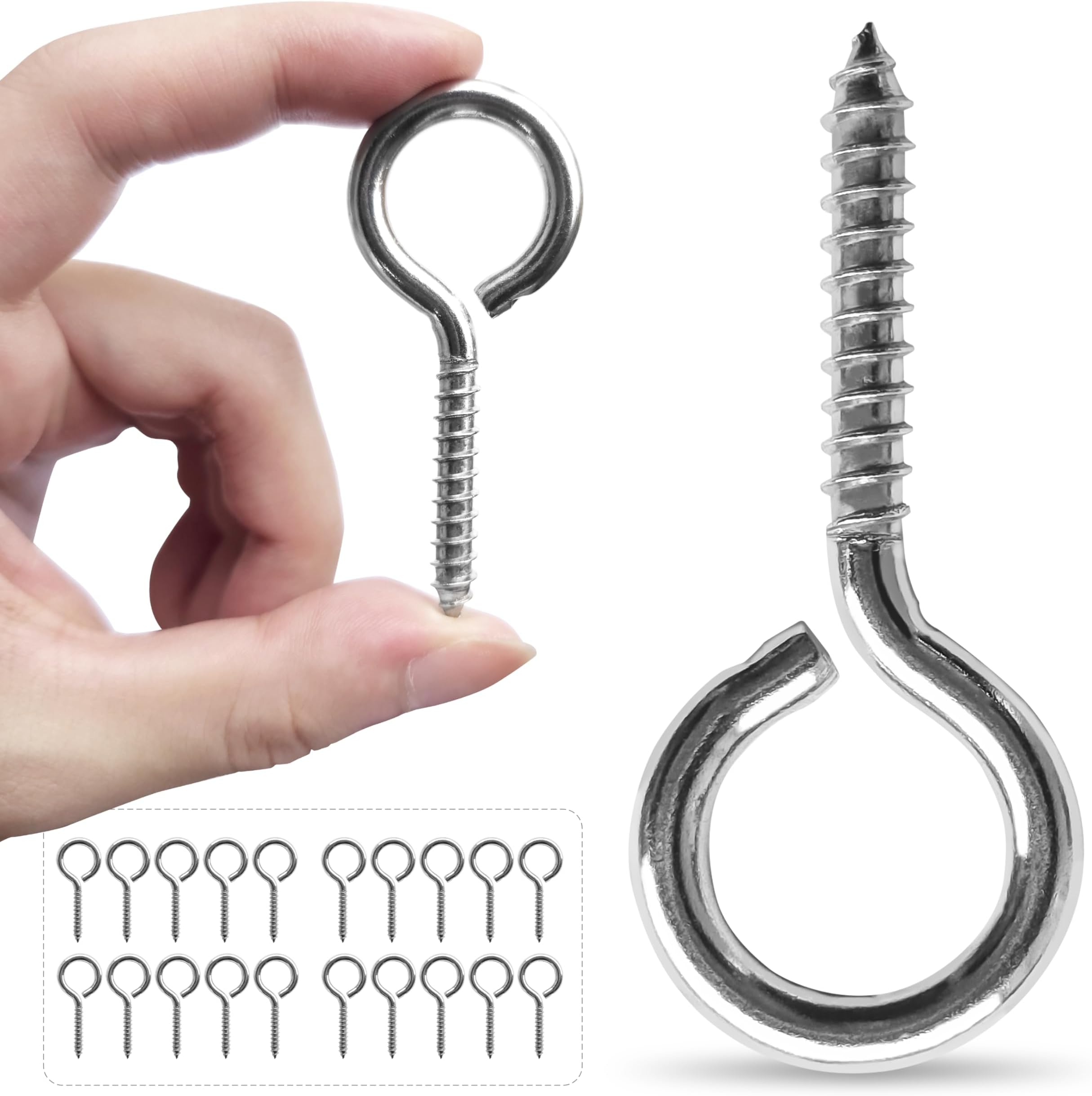 M5 20 Pcs 304 Stainless Steel Screws Eye,2.56 Inch Screw Self Tapping Eye,Load Bearing 200LB, Duty Eye Bolt for Wood Securing Cables Wire,Indoor & Outdoor Use (20, M5 2.56 Inch)
