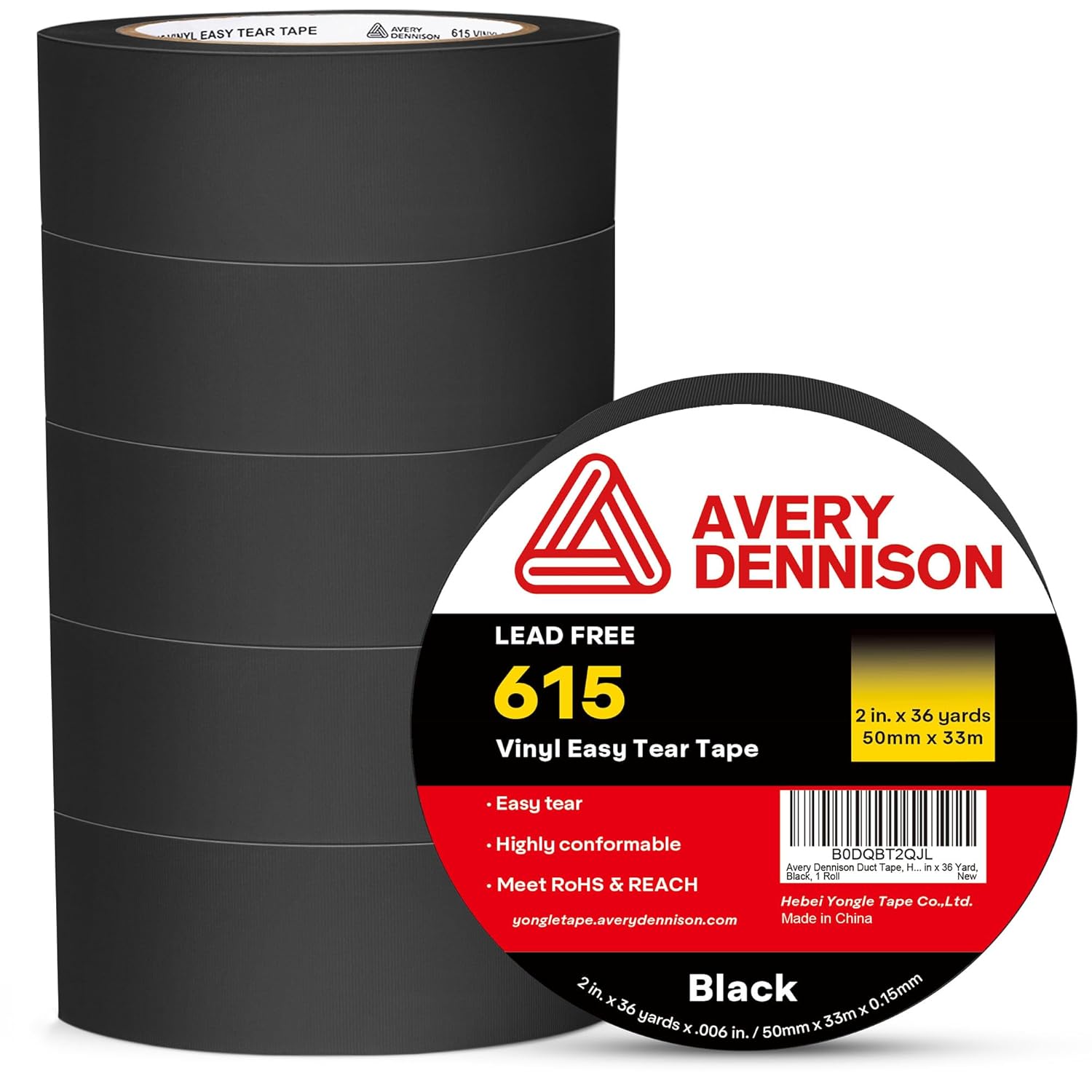 Avery Dennison Duct Tape, Heavy Duty PVC Easy Tear Tape, Strong Adhesive Waterproof Duct Tape for Indoor Outdoor Repairs, 2 in x 36 Yard, Black, 6 Rolls
