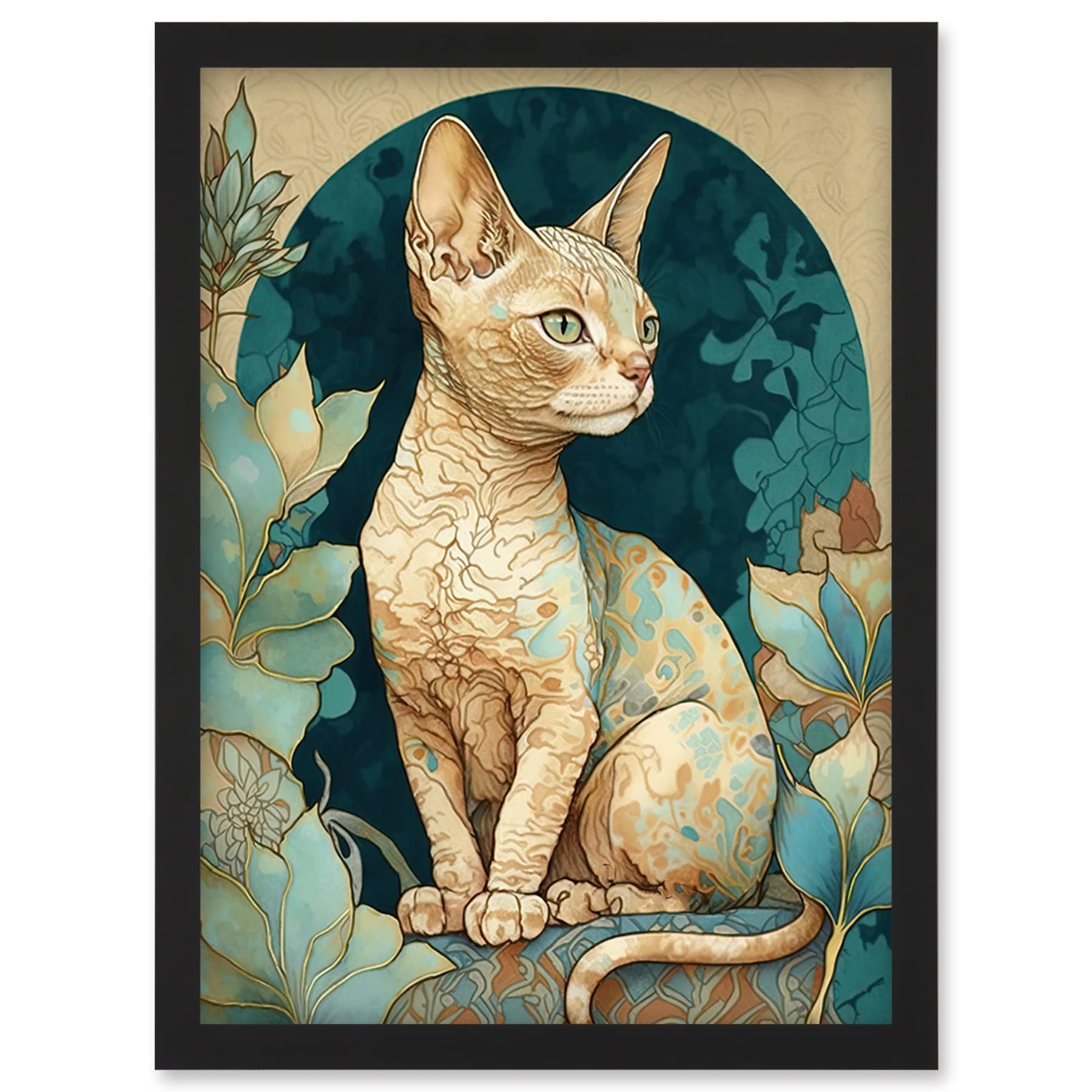 Artery8 Devon Rex Cat with Pattern Fur Art Nouveau Modern Illustration Artwork Framed Wall Art Print A4