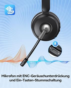 TECKNET V6.0 Bluetooth Headset mit Mikrofon kabellos Headset mit ENC-Störunterdrückung&EIN-Tasten-Stumm aufladbare kabellose Kopfhörer mit Ohrumschluss 50h Akku Büro Trucker Callcenter – Schwarz
