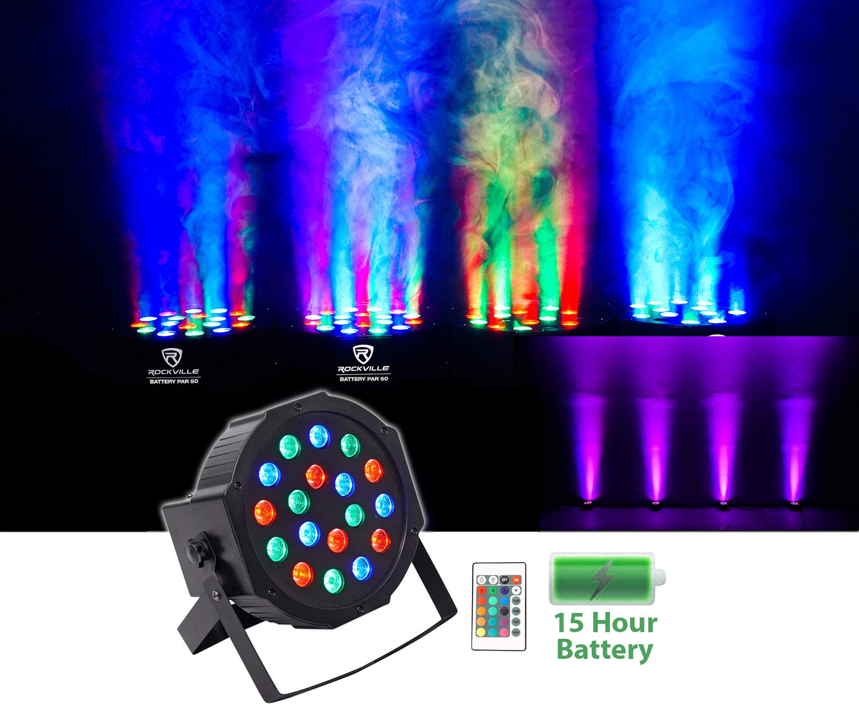 (8) Rockville Battery PAR 50 Rechargeable DJ DMX Wash Up-Lights+Remote+Backpack