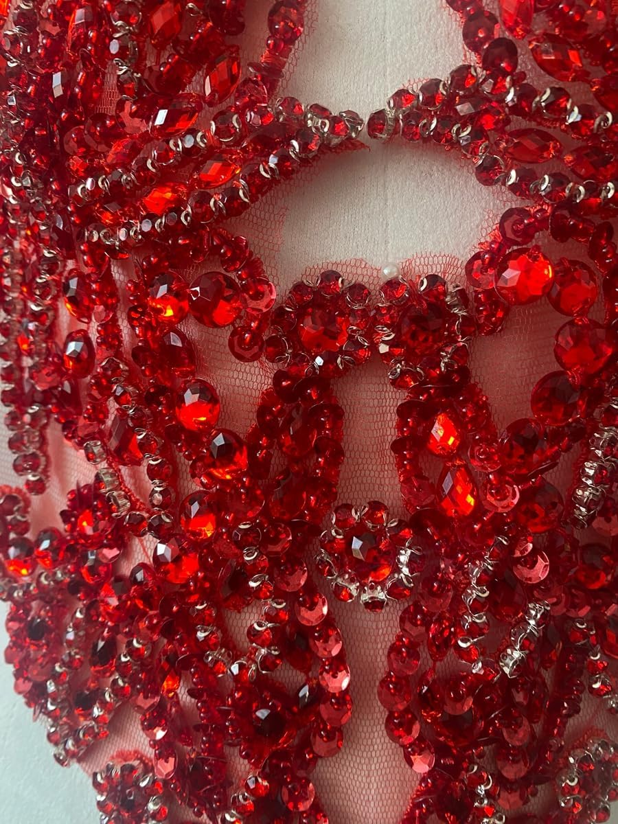 Handmade Rhinestones lace Applique sew on Beads Sequins Trim Patches Accessories for Girl Dress Clothing (Red)
